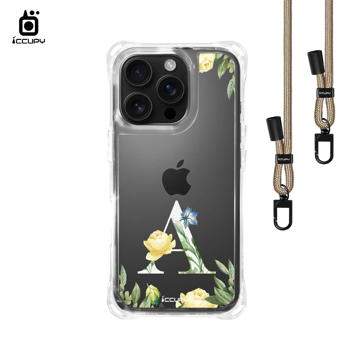 【花漾字母A | 花景+白字】iQ CASE 角粒殼3.0背帶掛繩防摔殼 For iPhone 16 Pro-黑占iCCUPY