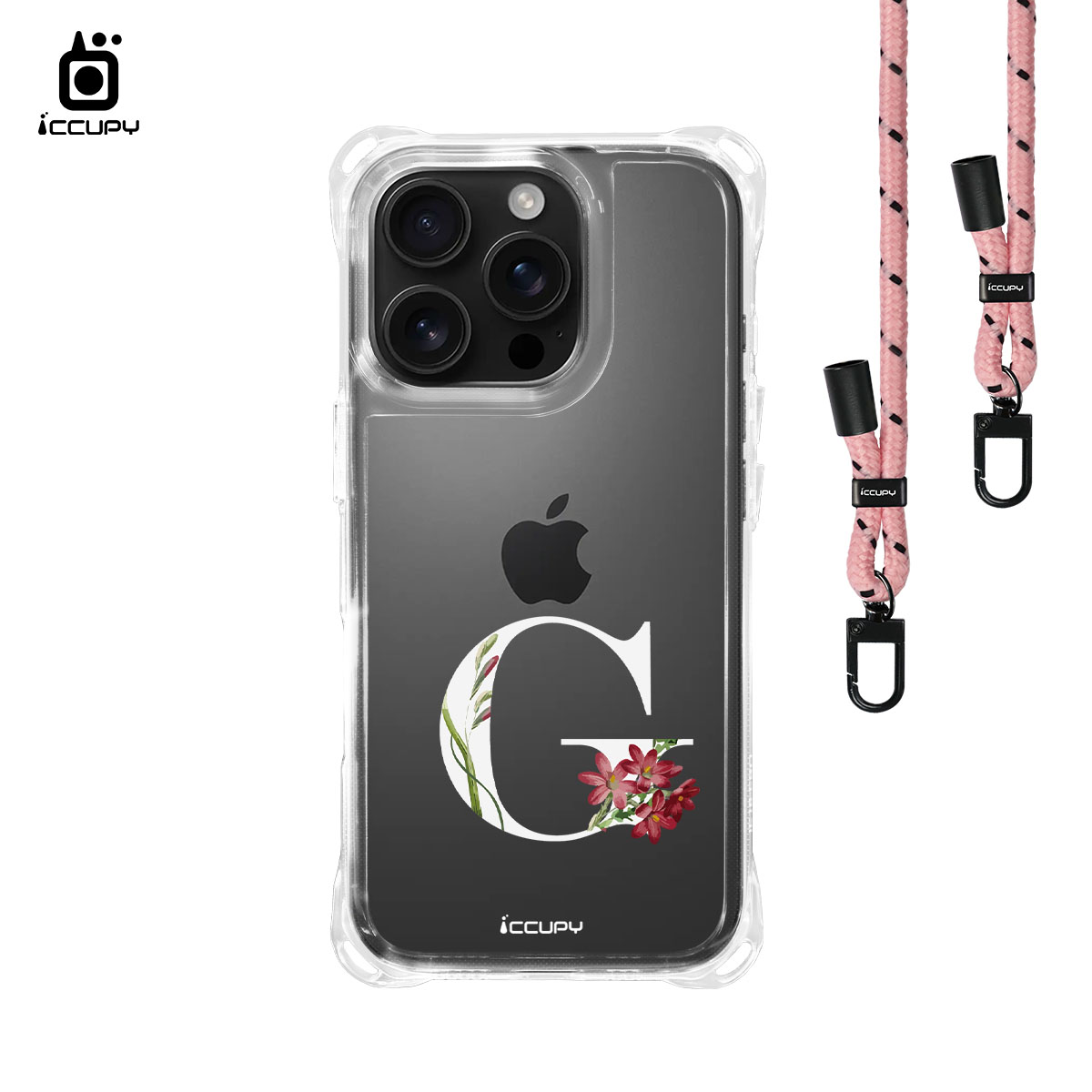 【花漾字母G｜白字】iQ CASE 角粒殼3.0背帶掛繩防摔殼 For iPhone 16 Pro-黑占iCCUPY