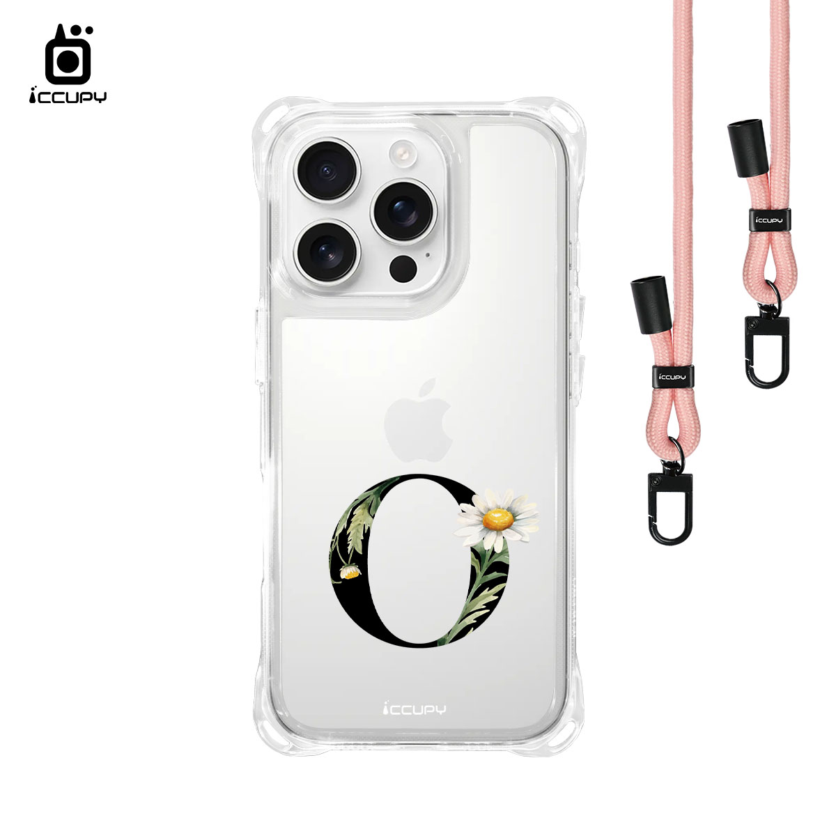 【花漾字母O｜黑字】iQ CASE 角粒殼3.0背帶掛繩防摔殼 For iPhone 16 Pro-黑占iCCUPY