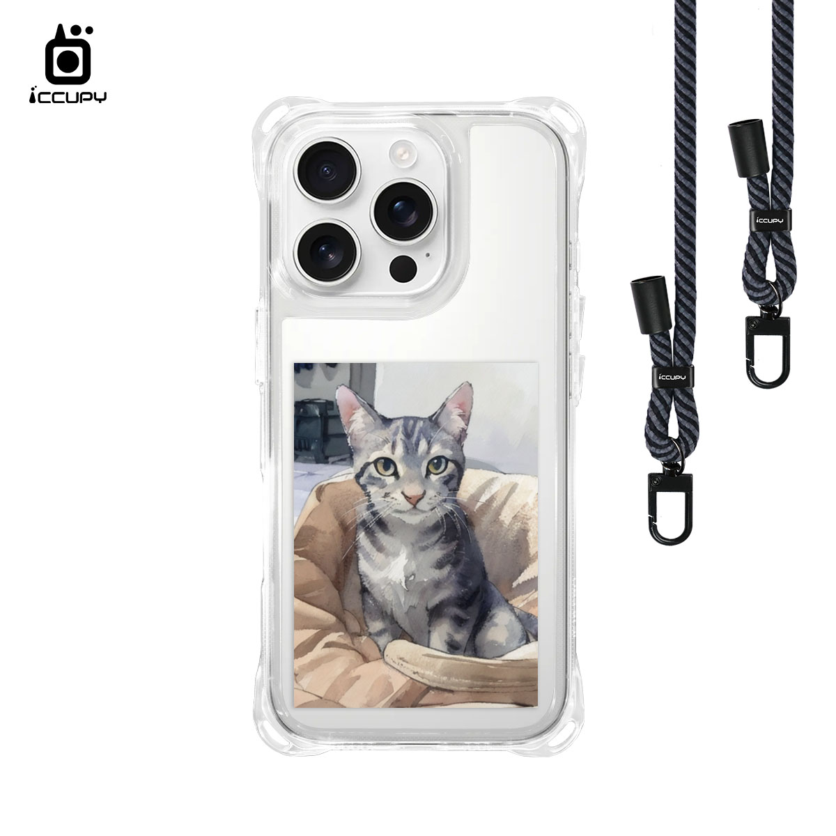 【日系水彩似顏繪】iQ CASE角粒殼3.0背帶掛繩防摔殼 For iPhone 16 Pro -黑占iCCUPY