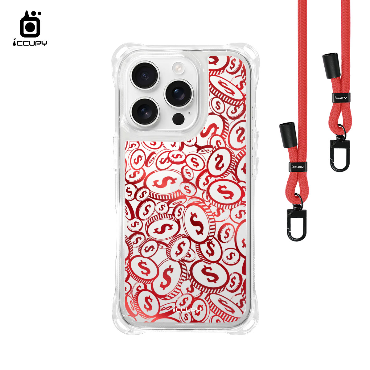 【財源滾滾-紅】iQ CASE角粒殼3.0背帶掛繩防摔殼 For iPhone 16 Pro-黑占iCCUPY