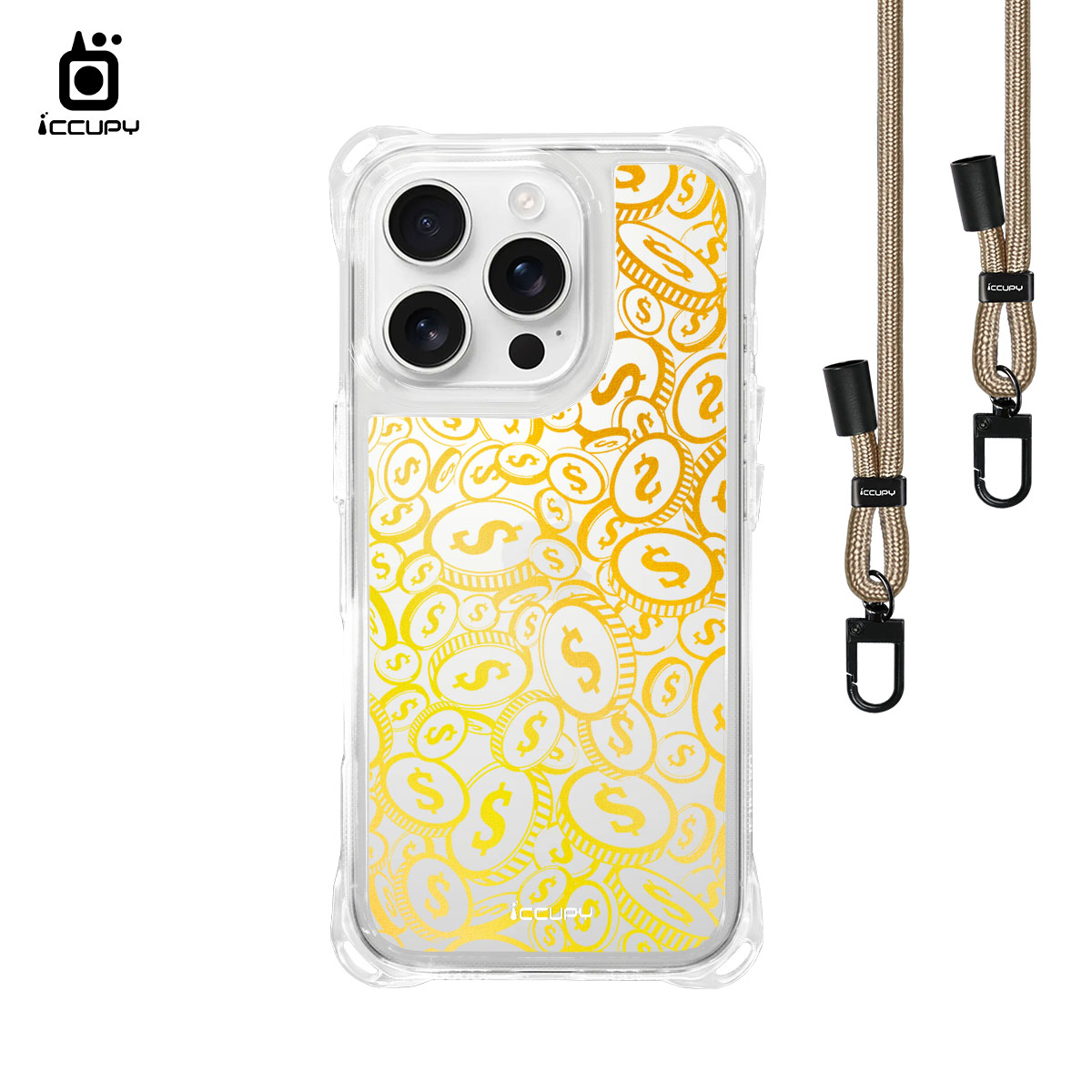 【財源滾滾-黃】iQ CASE角粒殼3.0背帶掛繩防摔殼 For iPhone 16 Pro-黑占iCCUPY