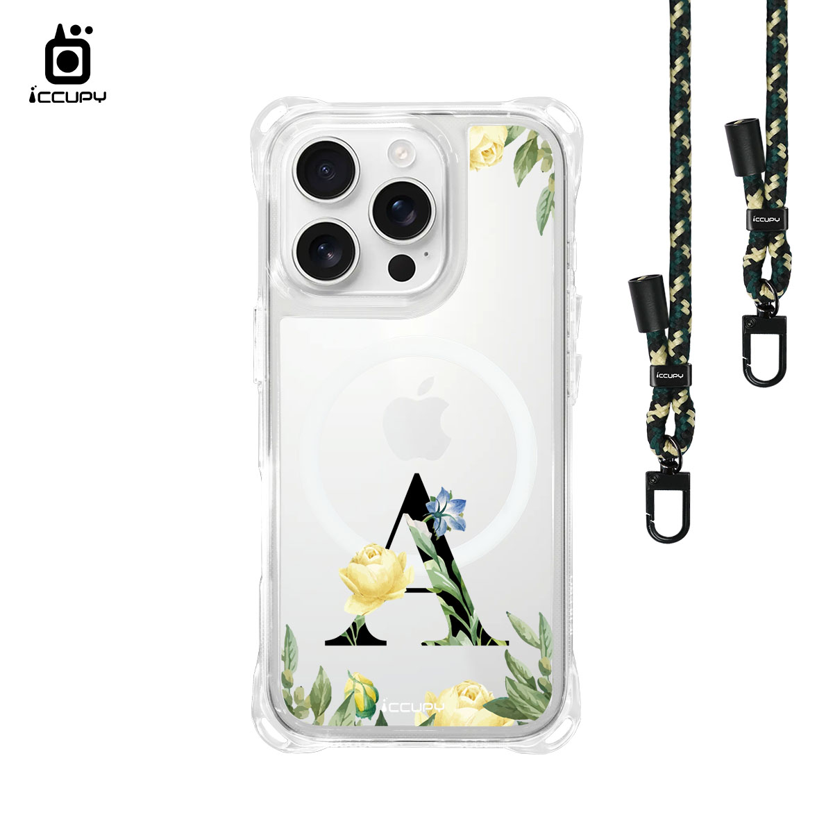 【花漾字母A | 花景+黑字】iQ CASE 角粒殼3.0背帶掛繩防摔殼 (支援MagSafe) For iPhone 16 Pro-黑占iCCUPY