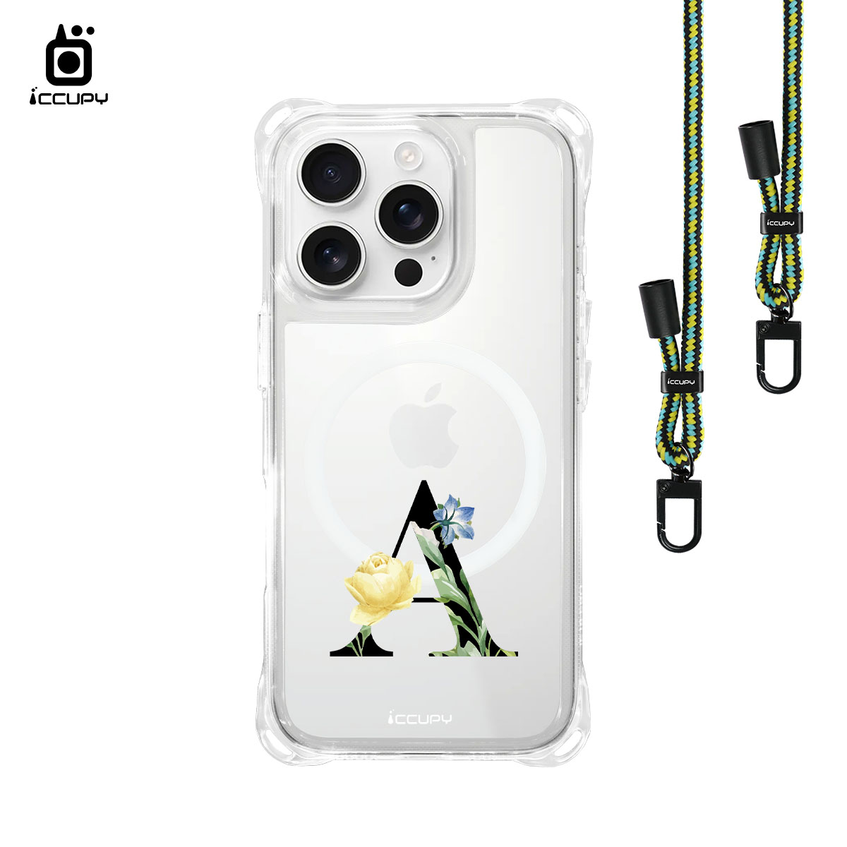 【花漾字母A | 黑字】iQ CASE 角粒殼3.0背帶掛繩防摔殼 (支援MagSafe) For iPhone 16 Pro-黑占iCCUPY