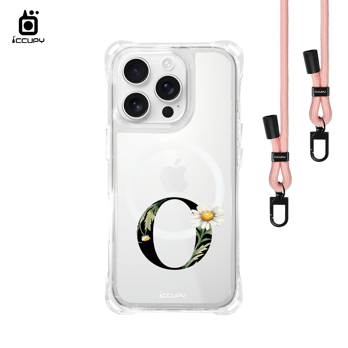 【花漾字母O|黑字】iQ CASE 角粒殼3.0背帶掛繩防摔殼 (支援MagSafe) For iPhone 16 Pro-黑占iCCUPY