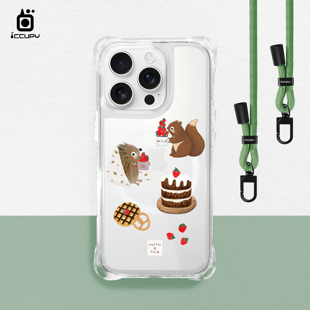 【森森物語|草莓小刺蝟】iQ CASE角粒殼3.0背帶掛繩防摔殼 (支援MagSafe)For iPhone 16 Pro-黑占iCCUPY