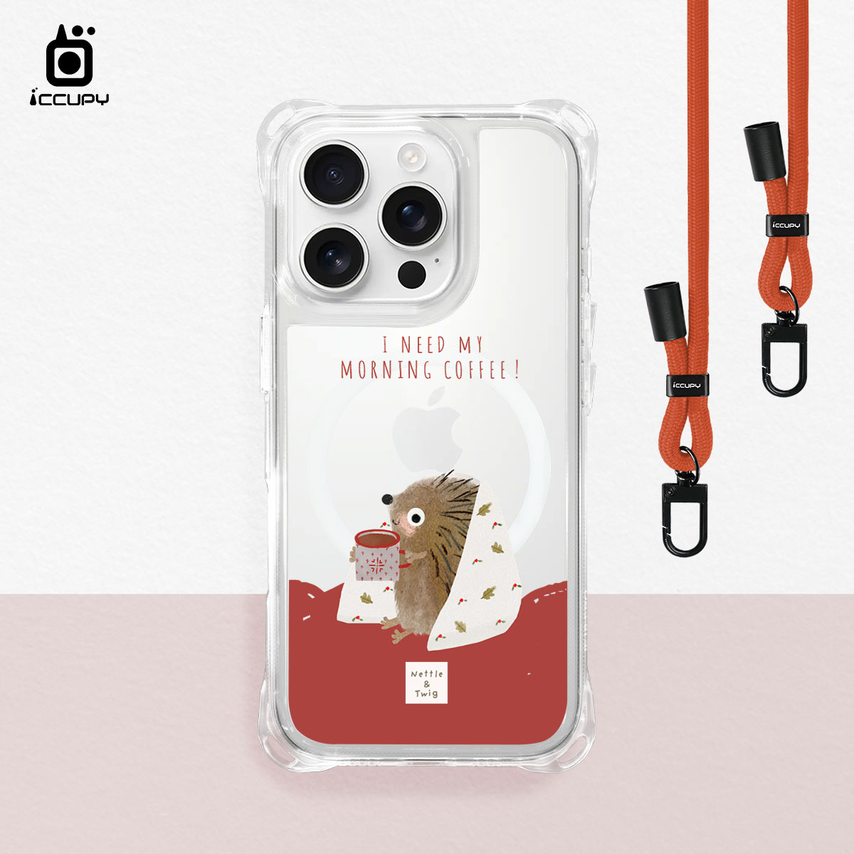 【森森物語｜小刺蝟喝咖啡】iQ CASE角粒殼3.0背帶掛繩防摔殼 (支援MagSafe)For iPhone 16 Pro-黑占iCCUPY