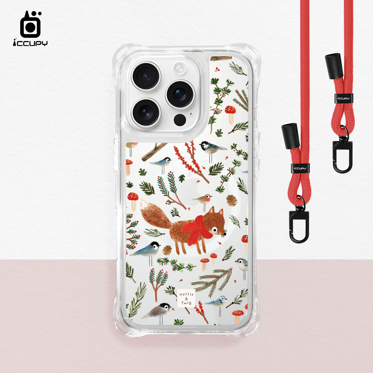 【森森物語｜迷路深林小狐】iQ CASE角粒殼3.0背帶掛繩防摔殼 (支援MagSafe)For iPhone 16 Pro-黑占iCCUPY