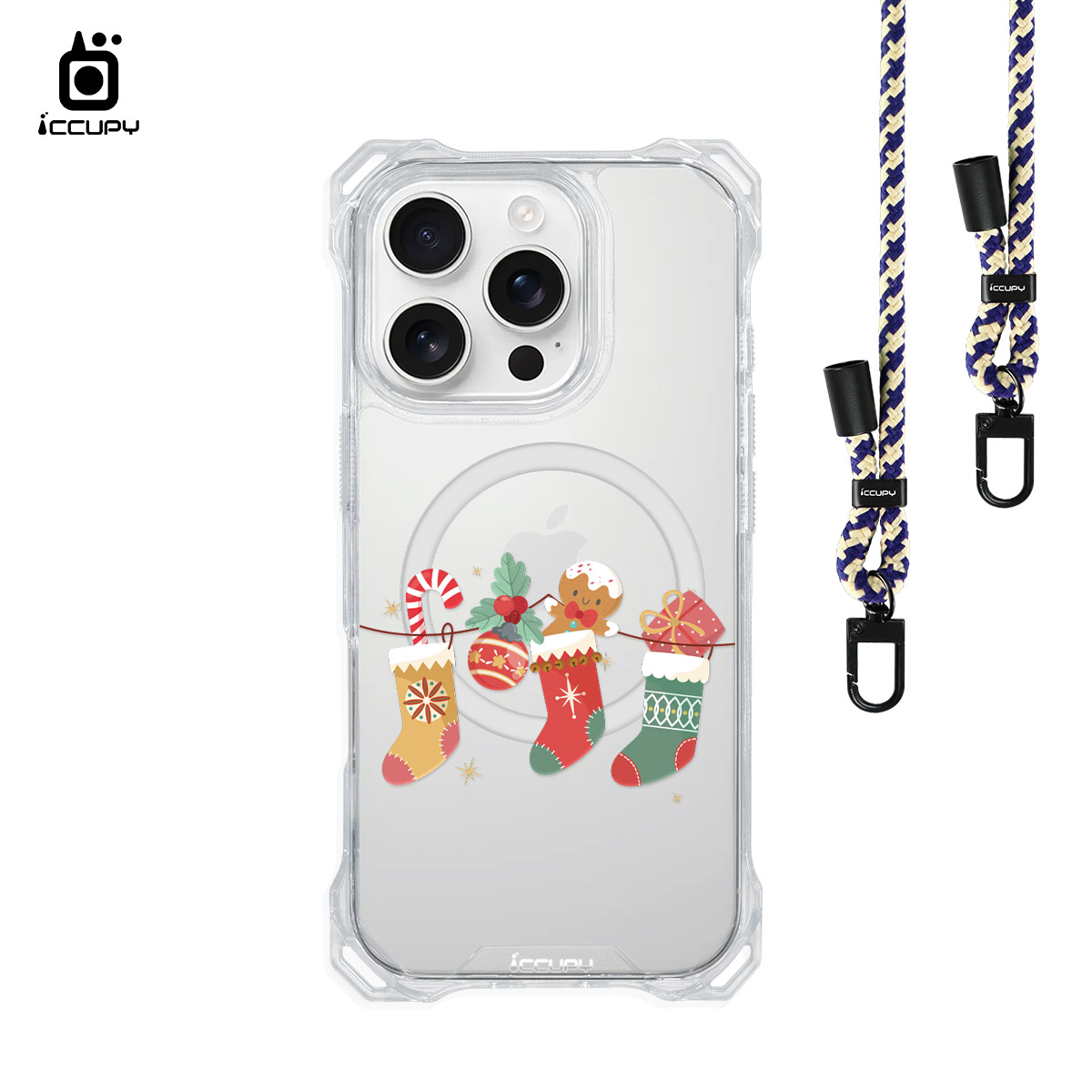 【來掛聖誕襪】iQ CASE角粒殼3.0背帶掛繩防摔殼 For iPhone 16 Pro-黑占iCCUPY