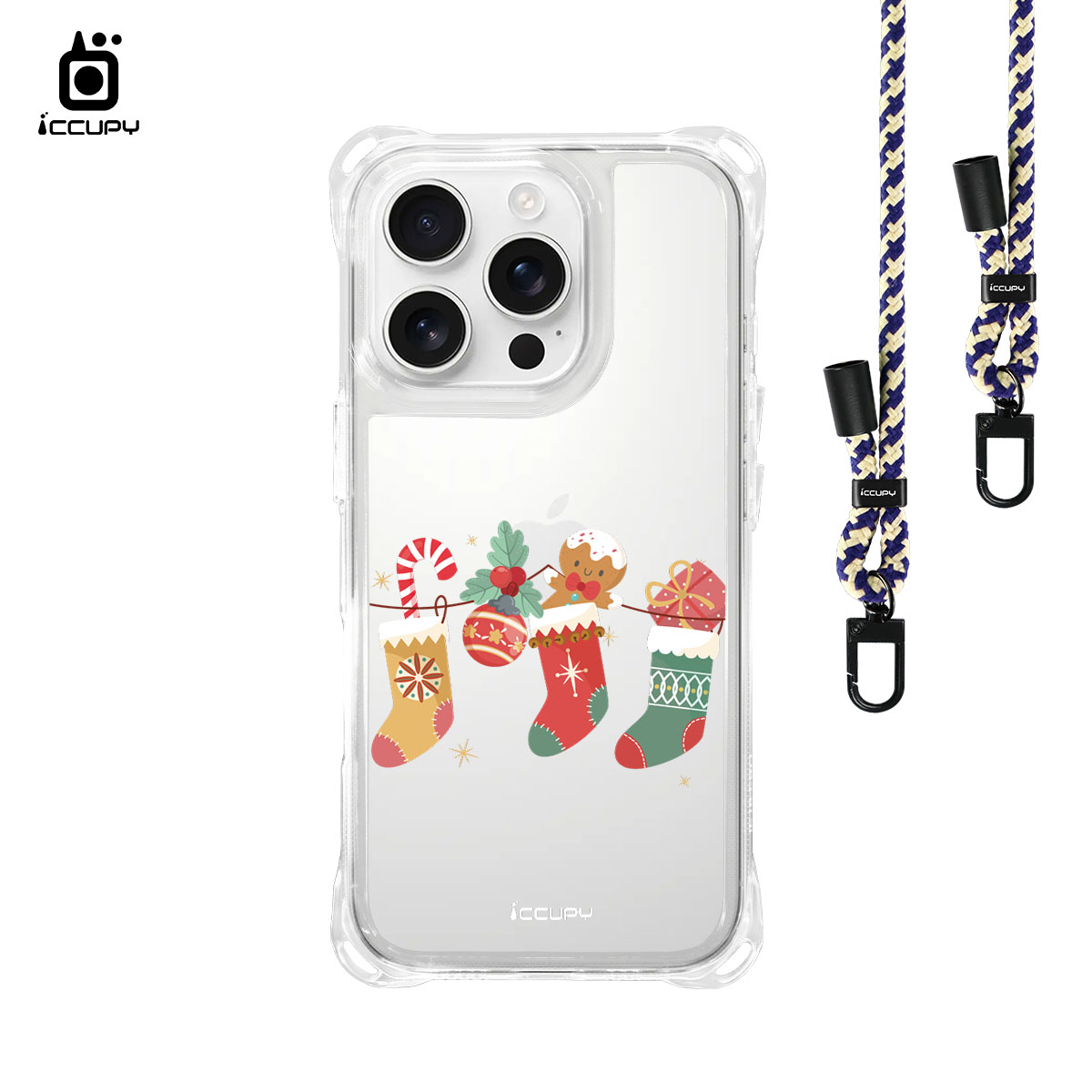 【來掛聖誕襪】iQ CASE角粒殼3.0背帶掛繩防摔殼 For iPhone 16 Pro-黑占iCCUPY