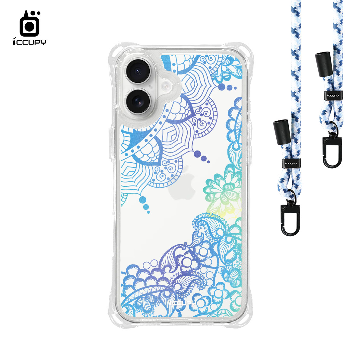 【花嫁蕾絲-藍綠】iQ CASE角粒殼3.0背帶掛繩防摔殼 For iPhone 16 Plus-黑占iCCUPY