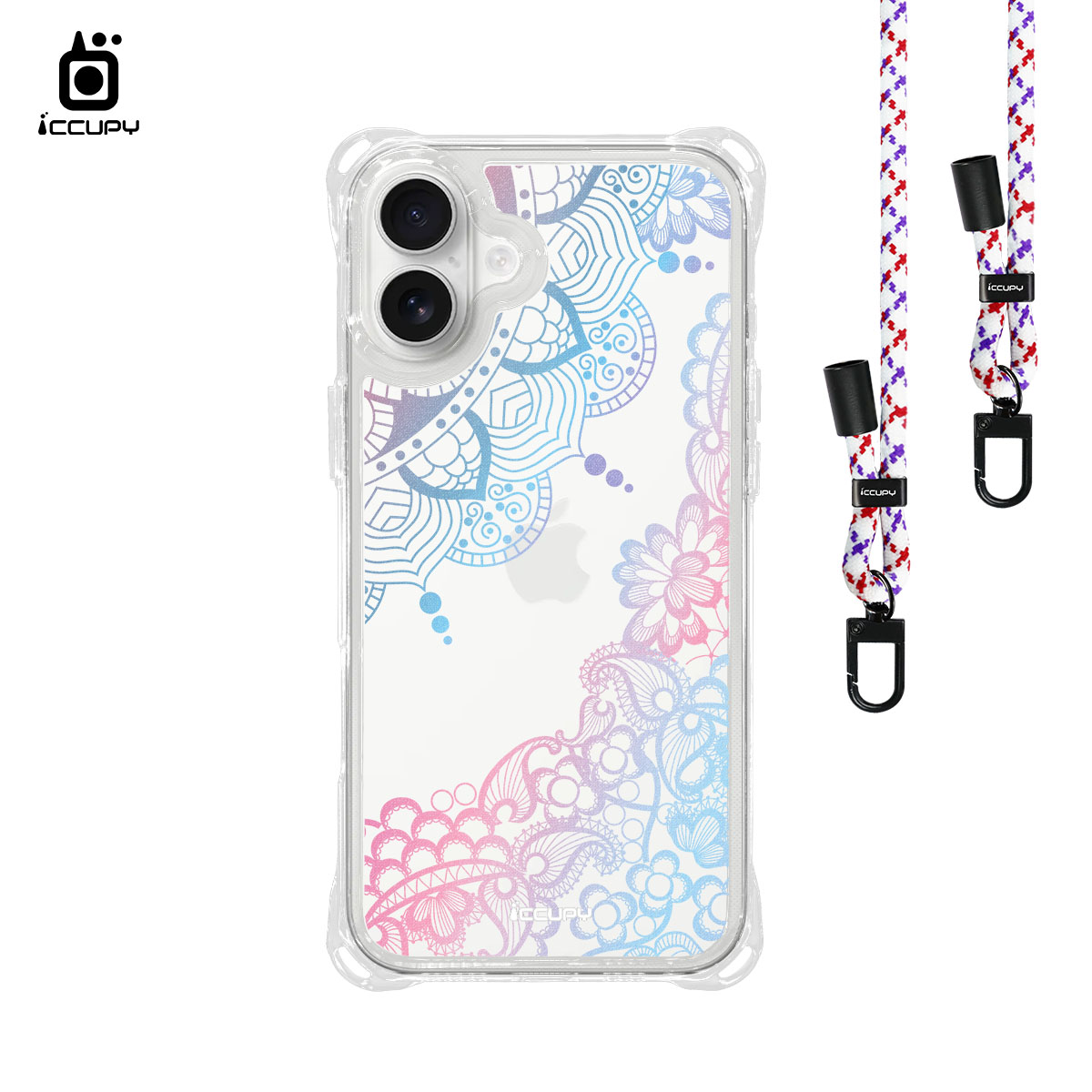 【花嫁蕾絲-藍粉】iQ CASE角粒殼3.0背帶掛繩防摔殼 For iPhone 16 Plus-黑占iCCUPY