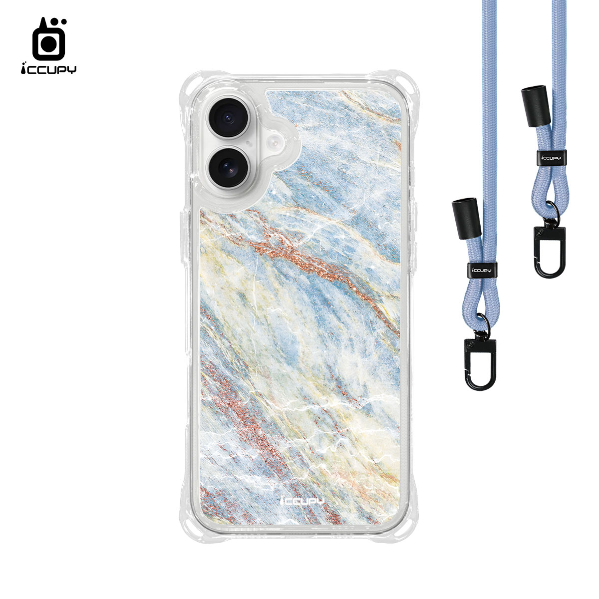 【大理石|法國藍】iQ CASE角粒殼3.0背帶掛繩防摔殼 For iPhone 16 Plus-黑占iCCUPY