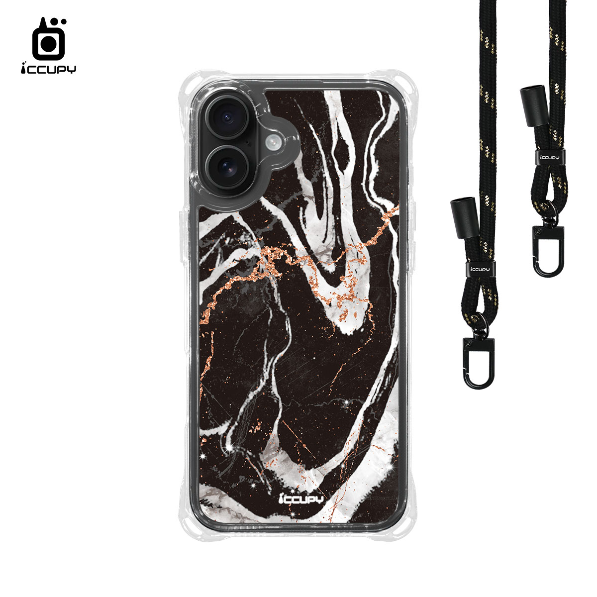 【大理石|肯亞黑】iQ CASE角粒殼3.0背帶掛繩防摔殼 For iPhone 16 Plus-黑占iCCUPY