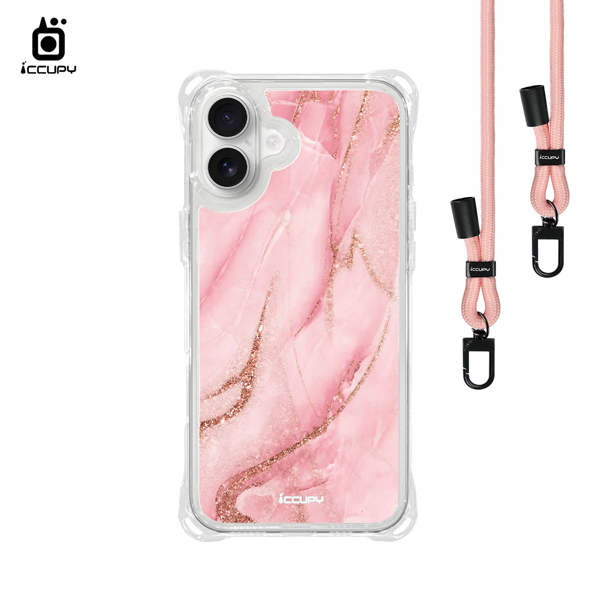 【大理石|挪威紅】iQ CASE角粒殼3.0背帶掛繩防摔殼 For iPhone 16 Plus-黑占iCCUPY