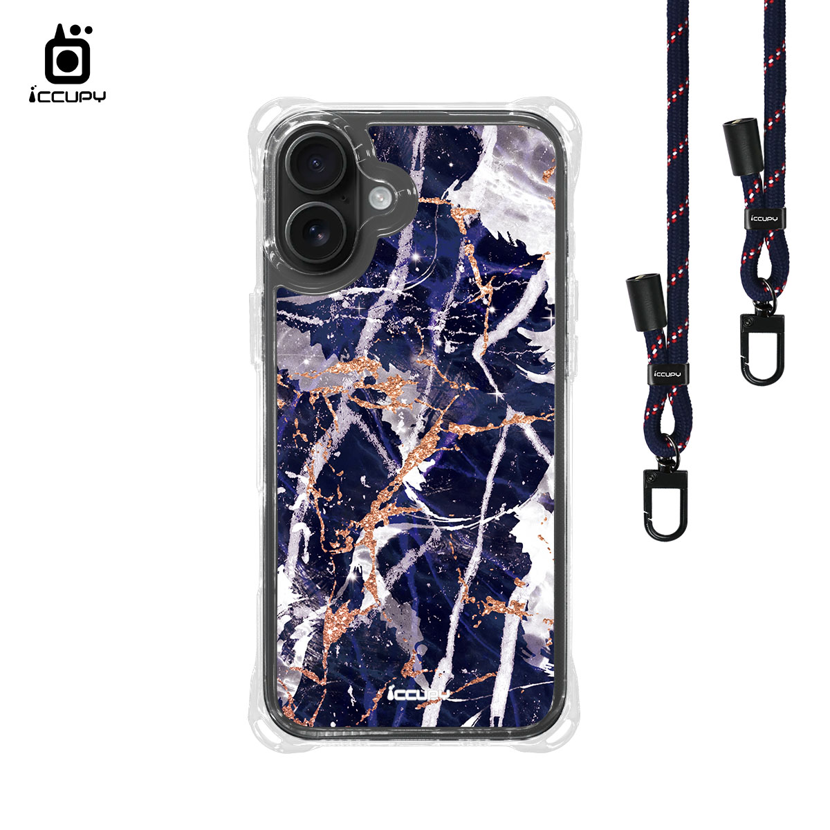 【大理石|尼泊爾藍】iQ CASE角粒殼3.0背帶掛繩防摔殼 For iPhone 16 Plus-黑占iCCUPY