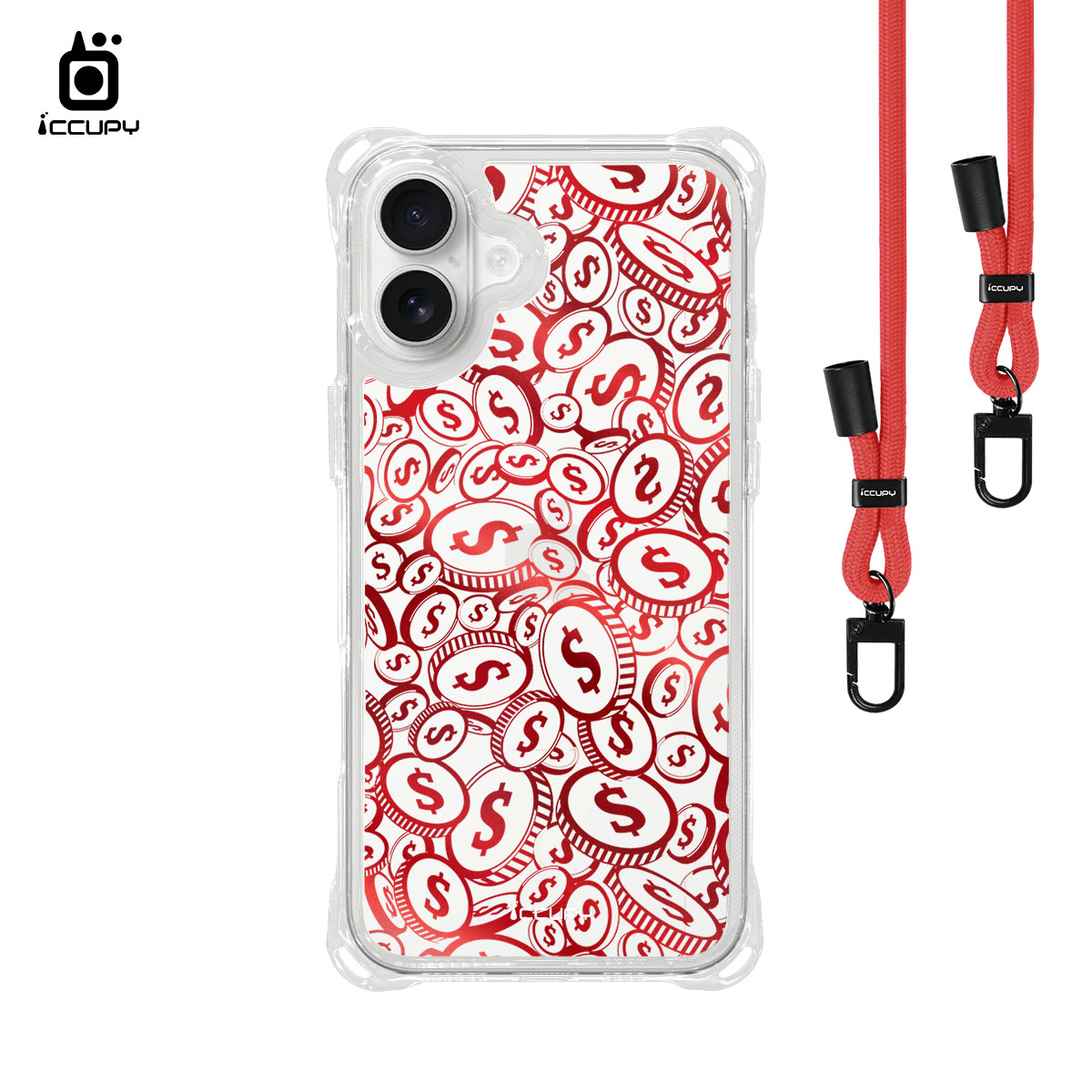 【財源滾滾-紅】iQ CASE角粒殼3.0背帶掛繩防摔殼 For iPhone 16 Plus-黑占iCCUPY