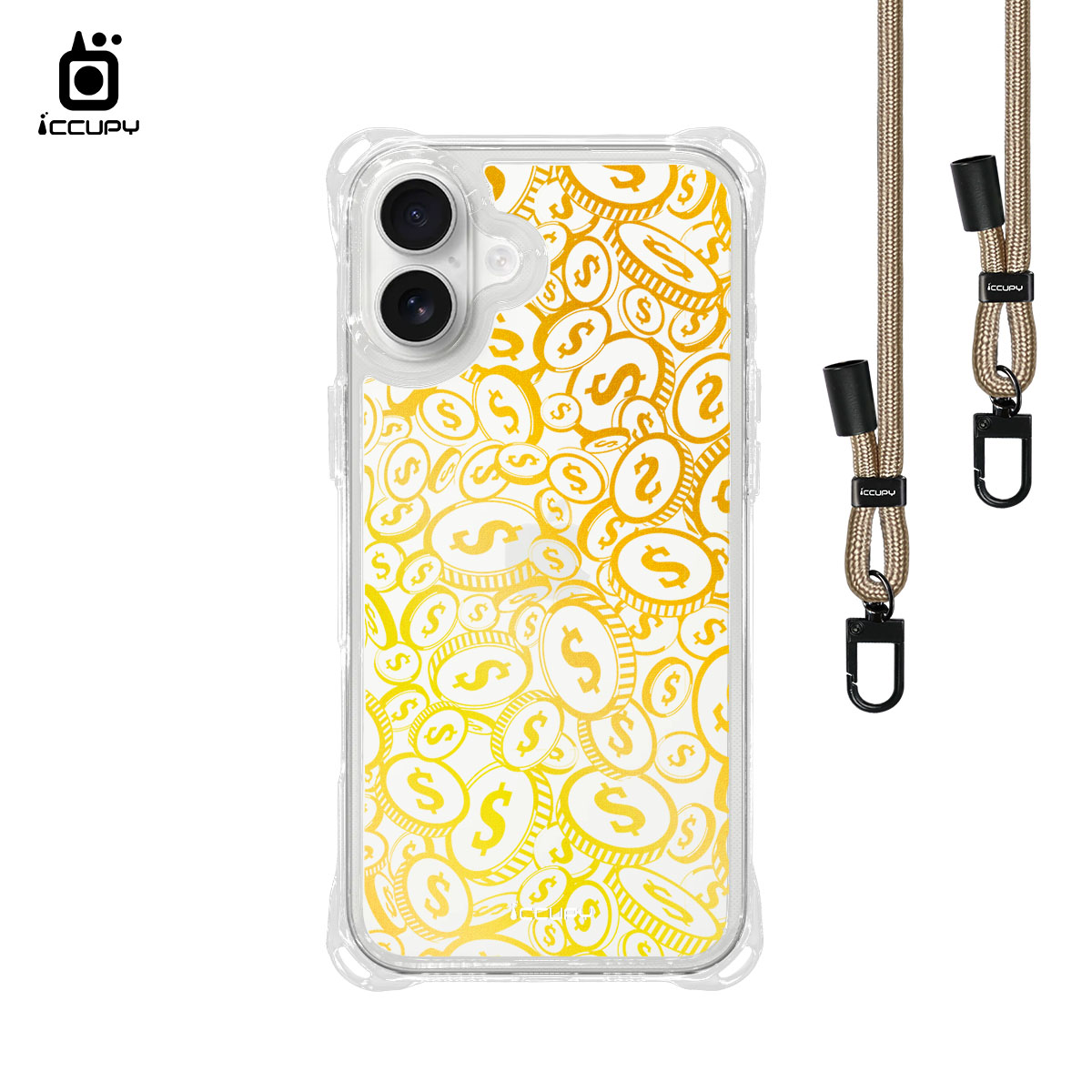 【財源滾滾-黃】iQ CASE角粒殼3.0背帶掛繩防摔殼 For iPhone 16 Plus-黑占iCCUPY