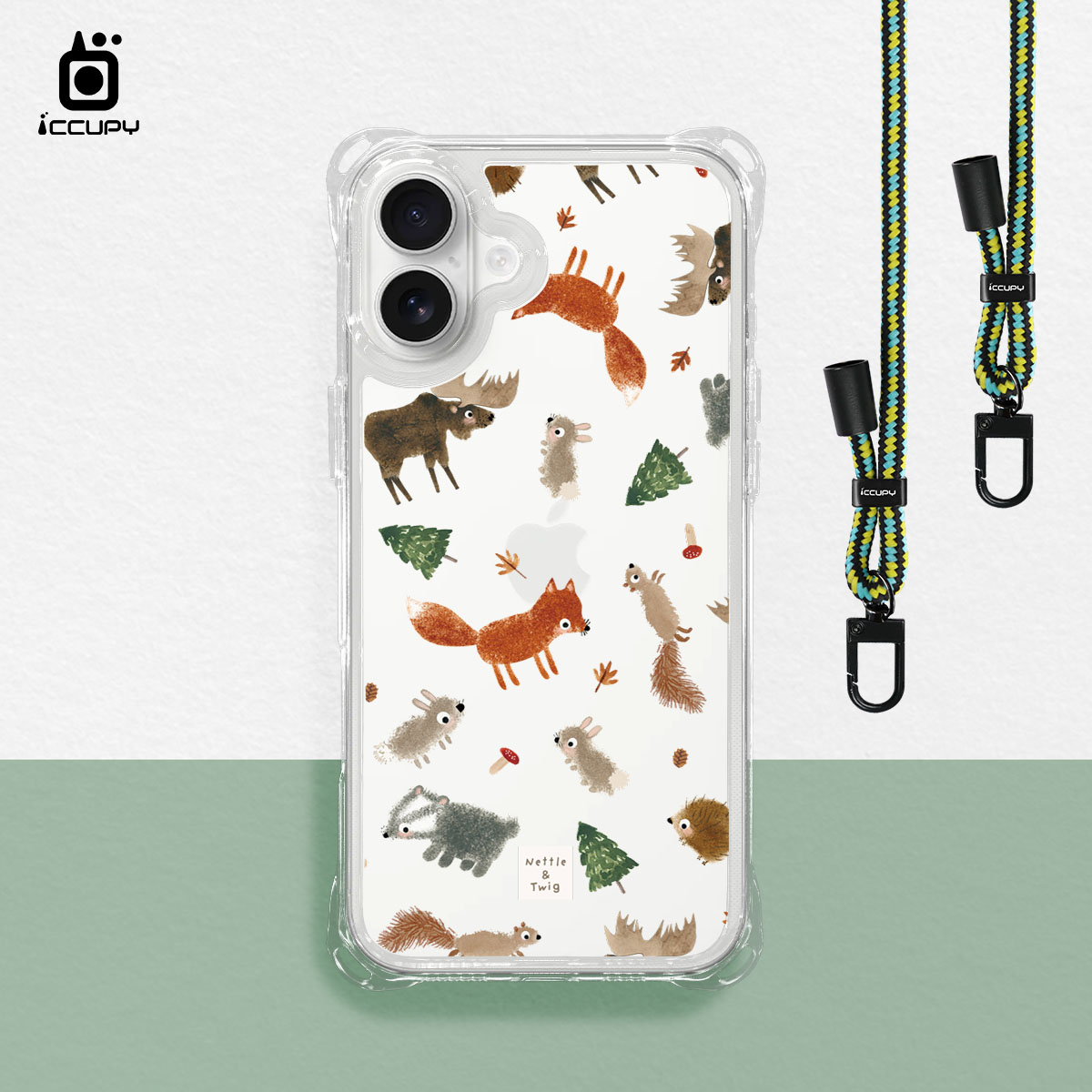 【森森物語|森林見面會】iQ CASE角粒殼3.0背帶掛繩防摔殼 For iPhone 16 Plus-黑占iCCUPY