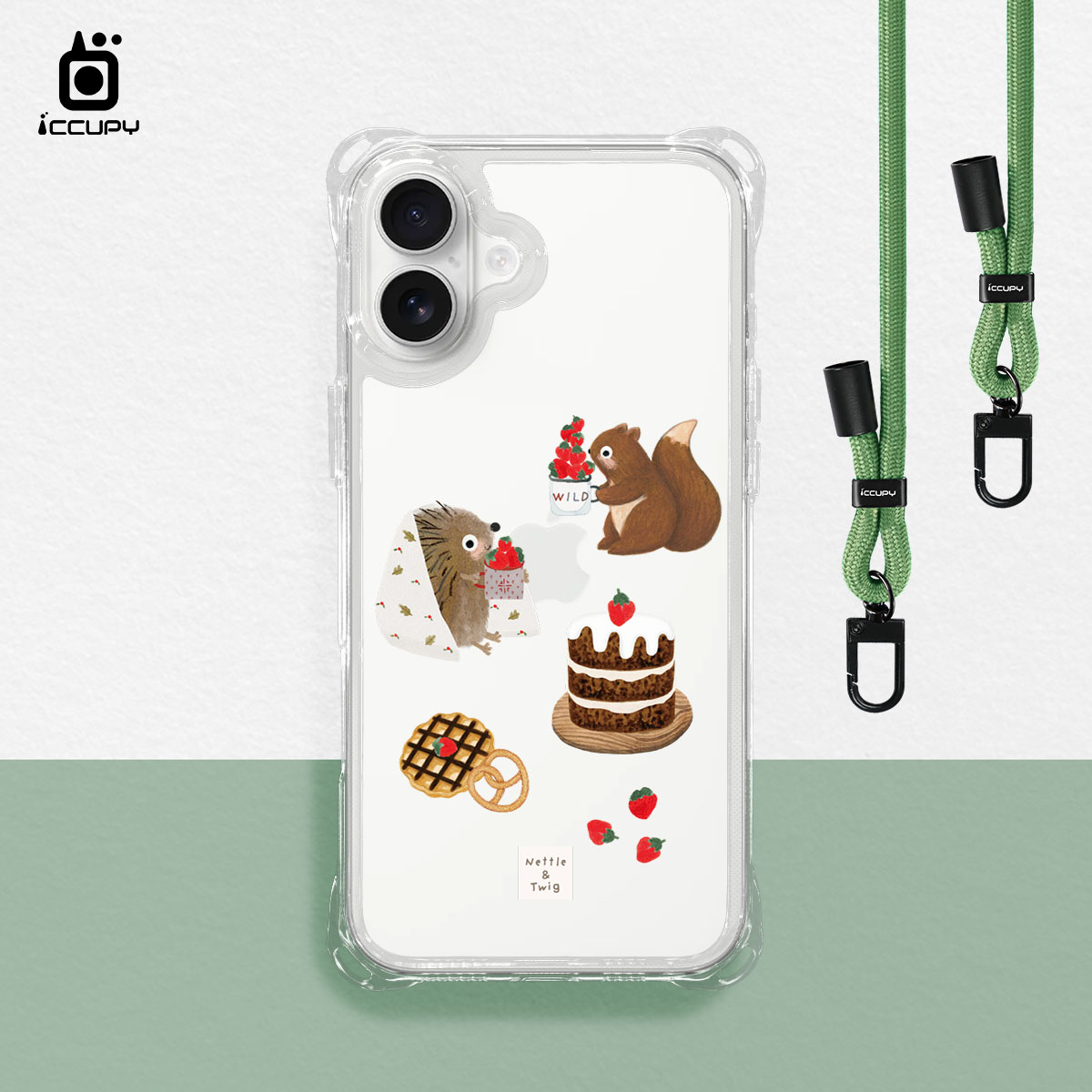 【森森物語|草莓小刺蝟】iQ CASE角粒殼3.0背帶掛繩防摔殼 For iPhone 16 Plus-黑占iCCUPY