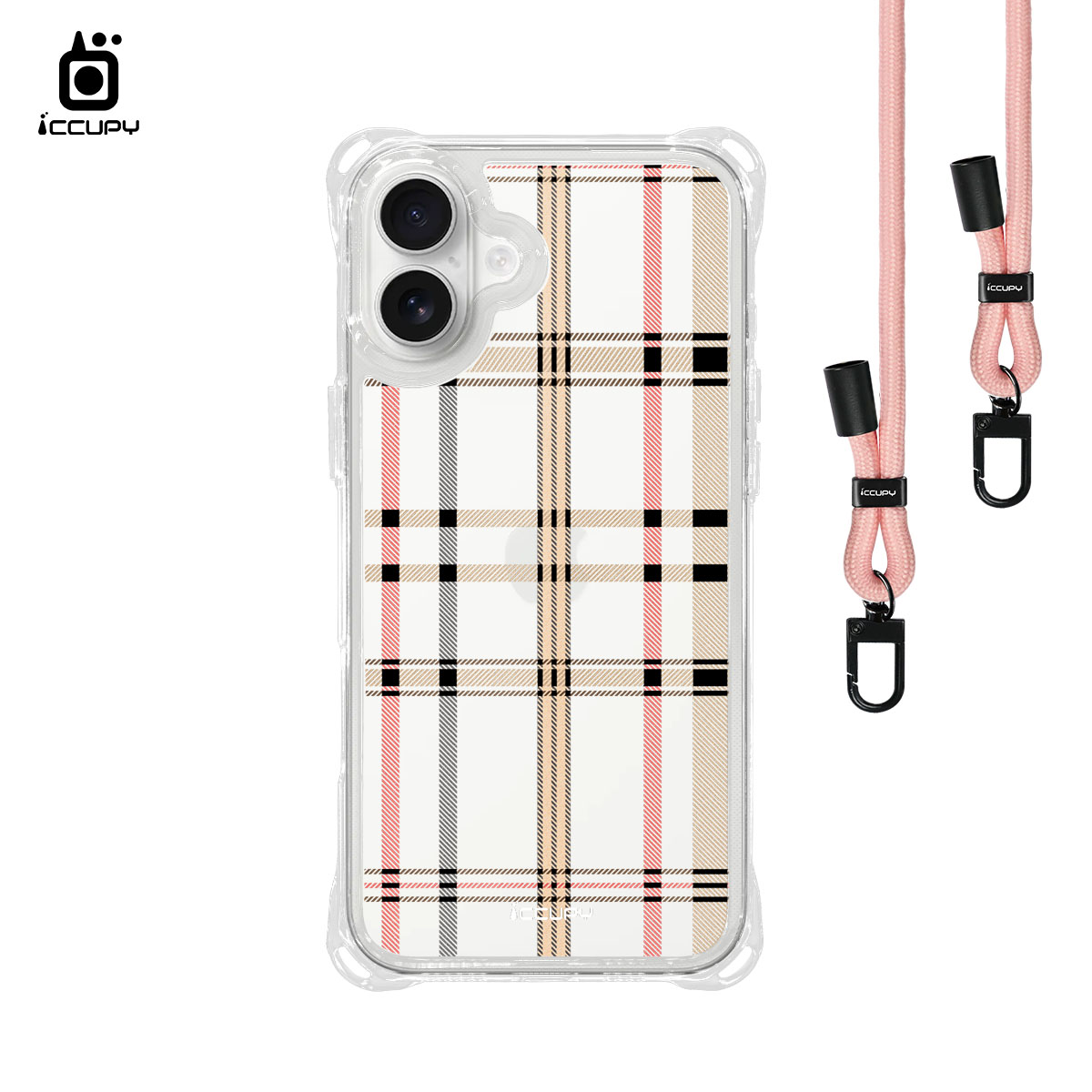 【波布里格紋-褐紅】iQ CASE角粒殼3.0背帶掛繩防摔殼 For iPhone 16 Plus-黑占iCCUPY