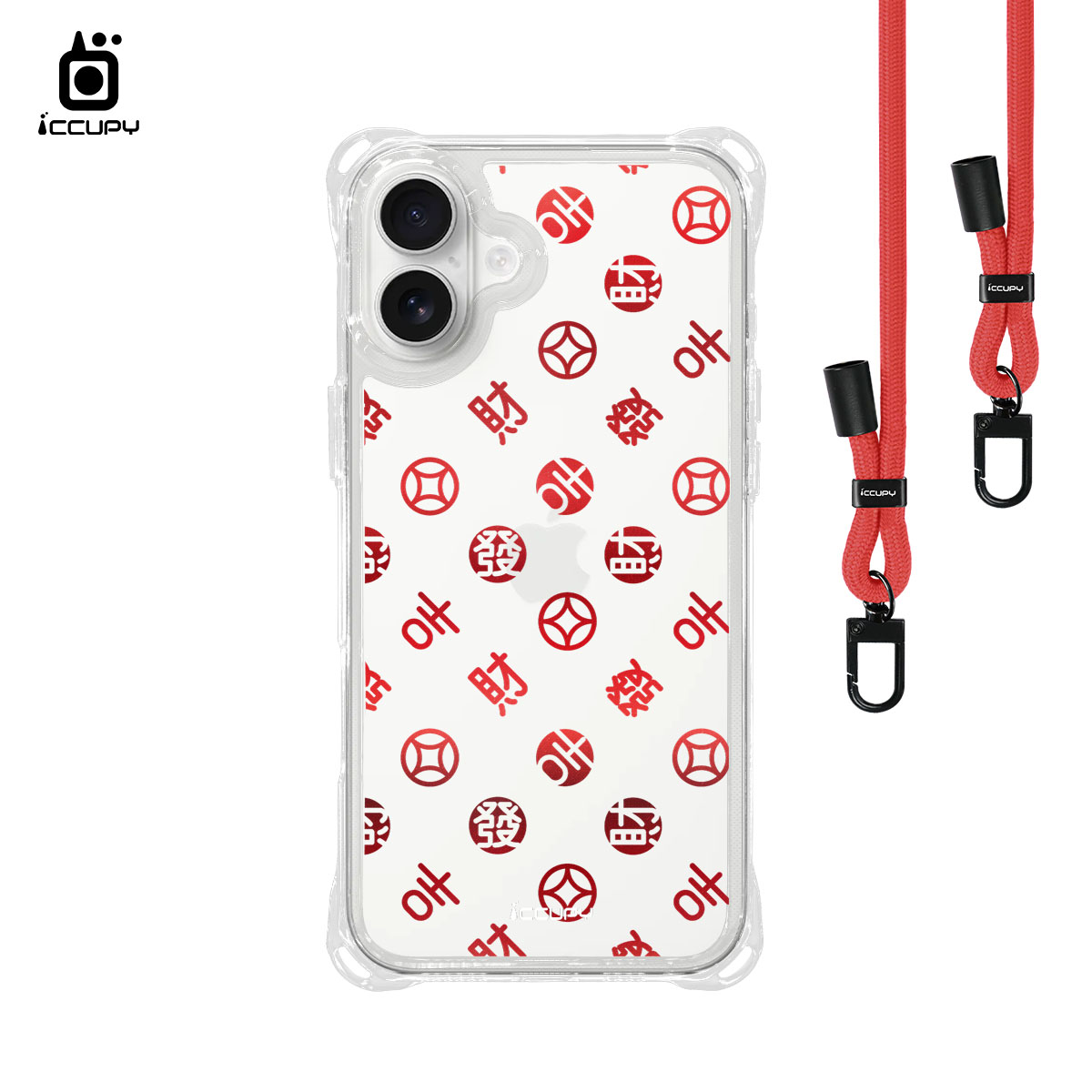 【富貴範-紅】iQ CASE角粒殼3.0背帶掛繩防摔殼 For iPhone 16 Plus-黑占iCCUPY