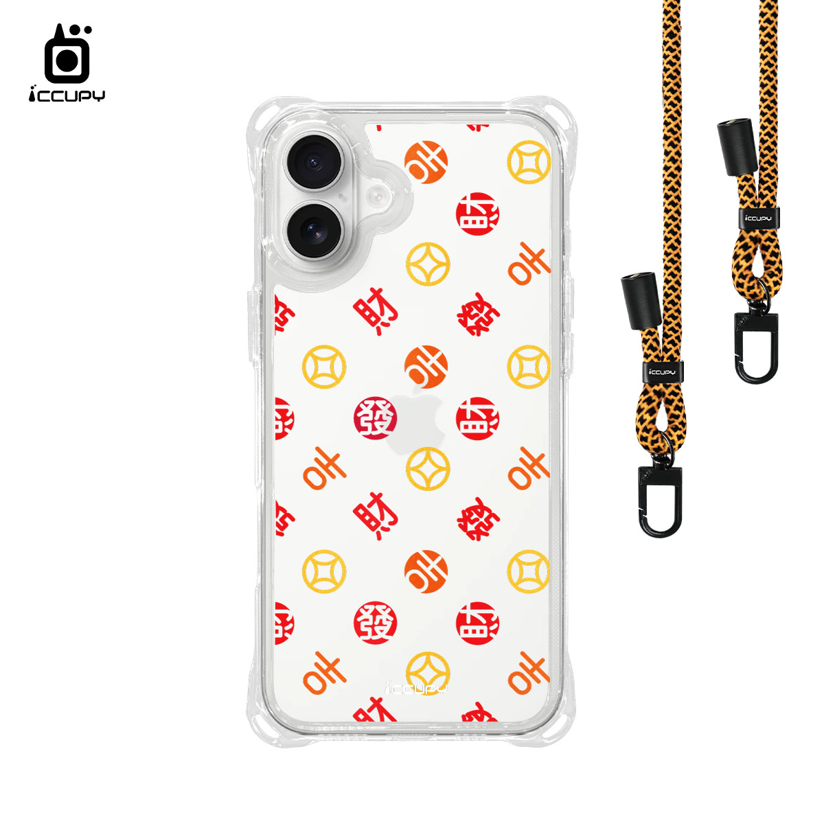 【富貴範-紅黃】iQ CASE角粒殼3.0背帶掛繩防摔殼 For iPhone 16 Plus-黑占iCCUPY