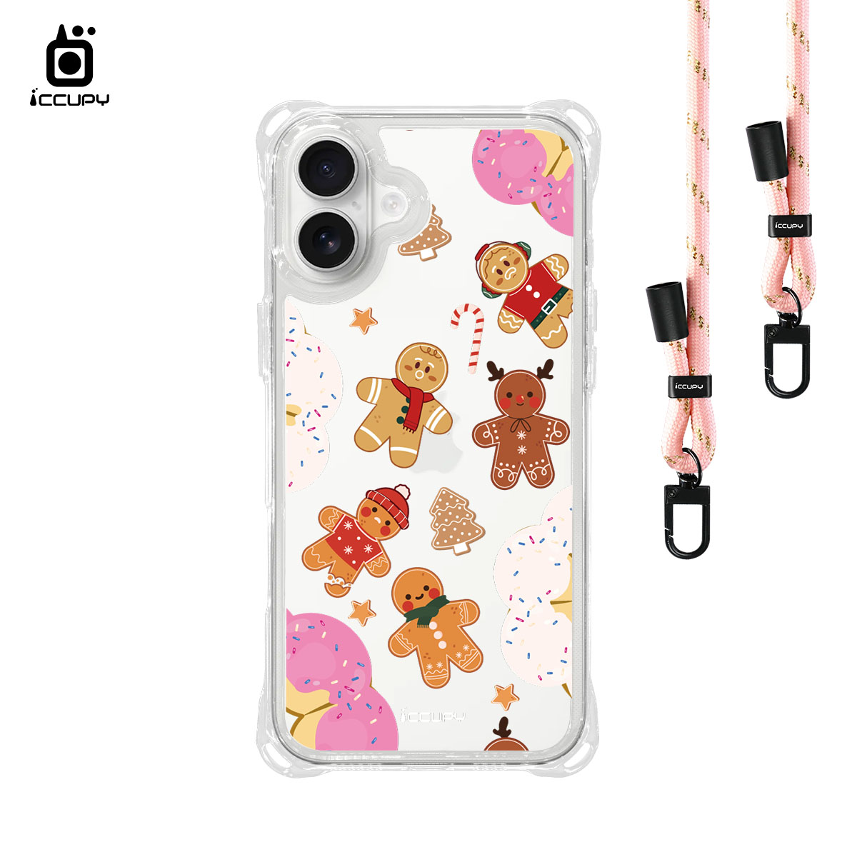 【薑餅人愛甜甜圈】iQ CASE角粒殼3.0背帶掛繩防摔殼 For iPhone 16 Plus-黑占iCCUPY