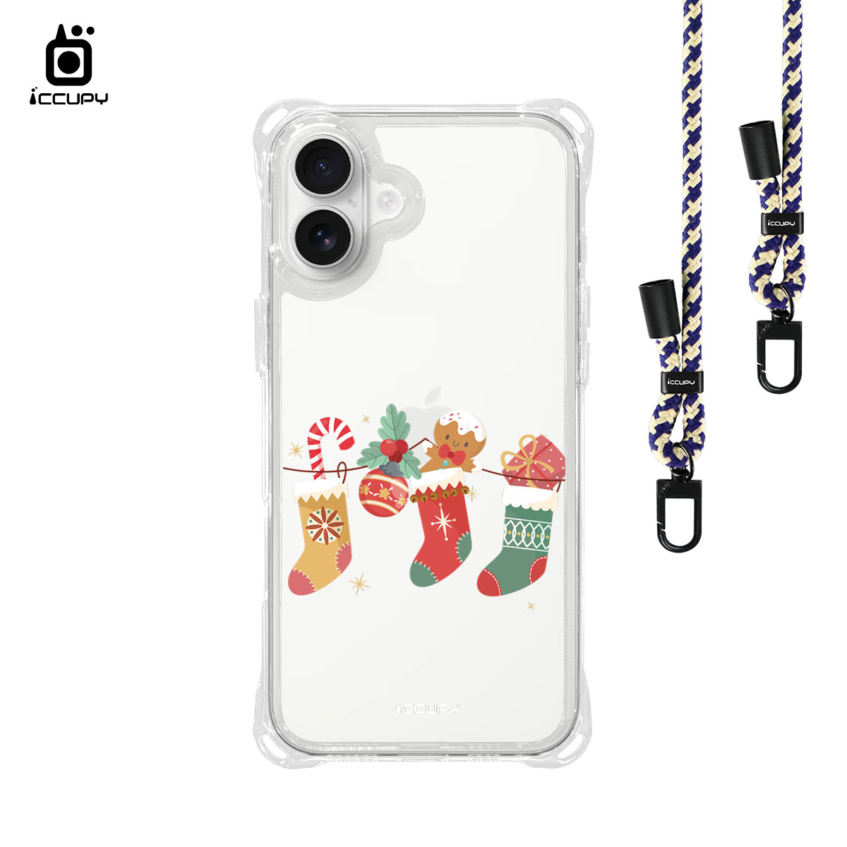 【來掛聖誕襪】iQ CASE角粒殼3.0背帶掛繩防摔殼 For iPhone 16 Plus-黑占iCCUPY
