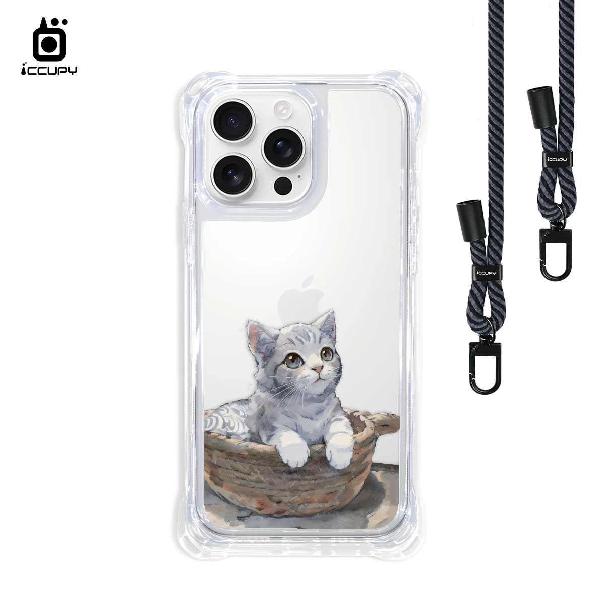 【日系水彩似顏繪】iQ CASE角粒殼3.0背帶掛繩防摔殼 For iPhone 16 Pro Max -黑占iCCUPY