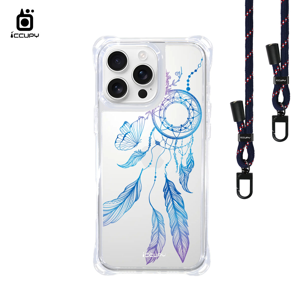 【捕夢網｜清風-藍紫】iQ CASE角粒殼3.0背帶掛繩防摔殼 For iPhone 16 Pro Max-黑占iCCUPY