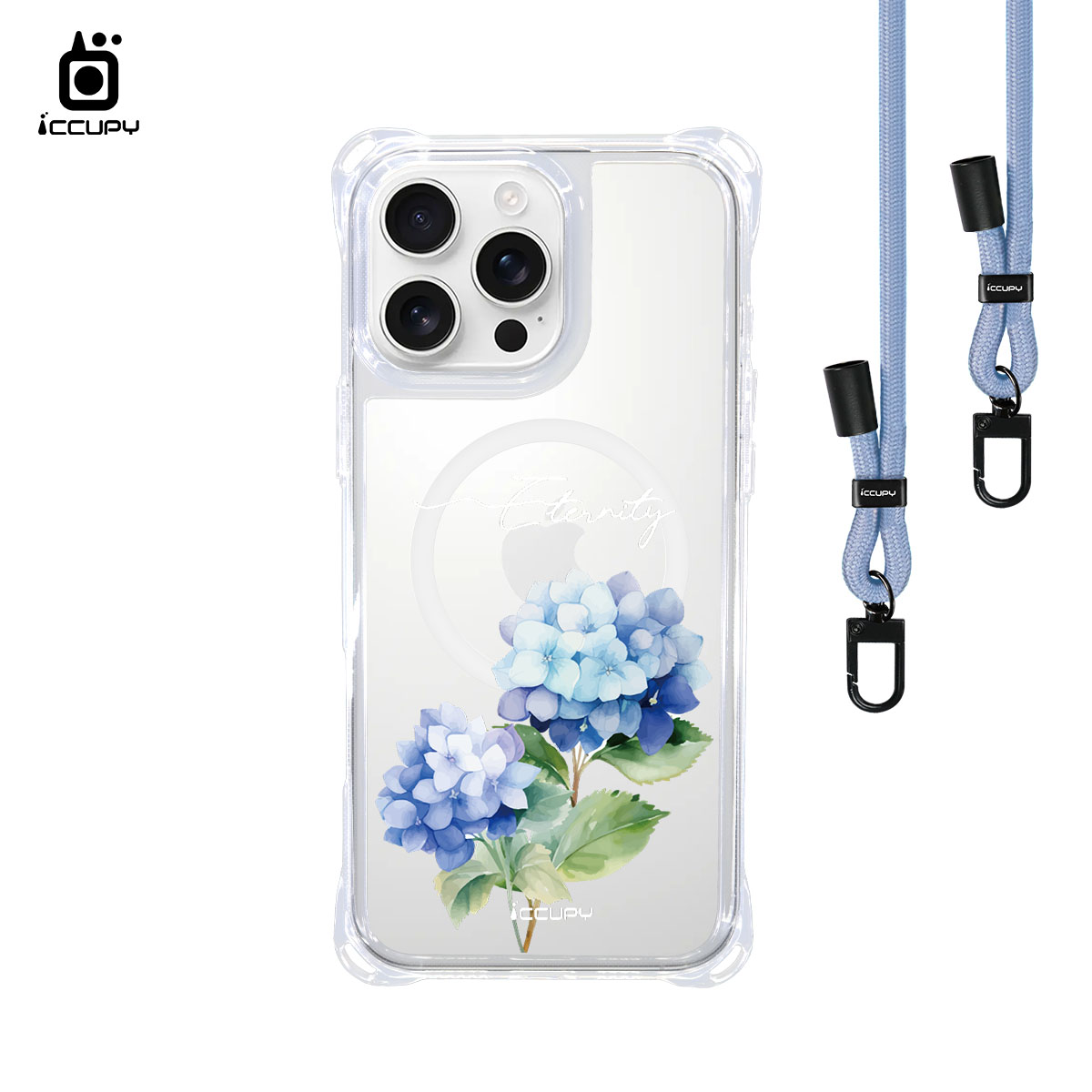 【繡球花4】iQ CASE角粒殼3.0背帶掛繩防摔殼 (支援MagSafe) For iPhone 16 Pro Max-黑占iCCUPY