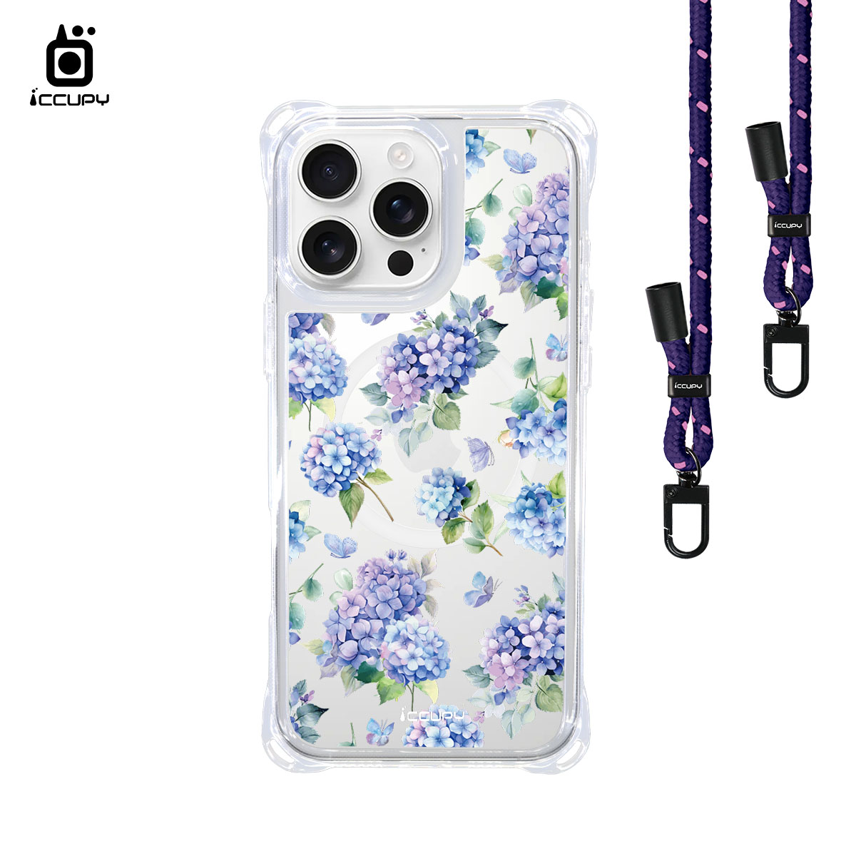 【繡球花6】iQ CASE角粒殼3.0背帶掛繩防摔殼 (支援MagSafe) For iPhone 16 Pro Max-黑占iCCUPY