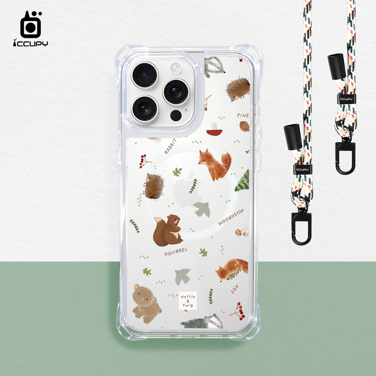 【森森物語|森林裡的小動物B】iQ CASE角粒殼3.0背帶掛繩防摔殼 (支援MagSafe)For iPhone 16 Pro Max-黑占iCCUPY