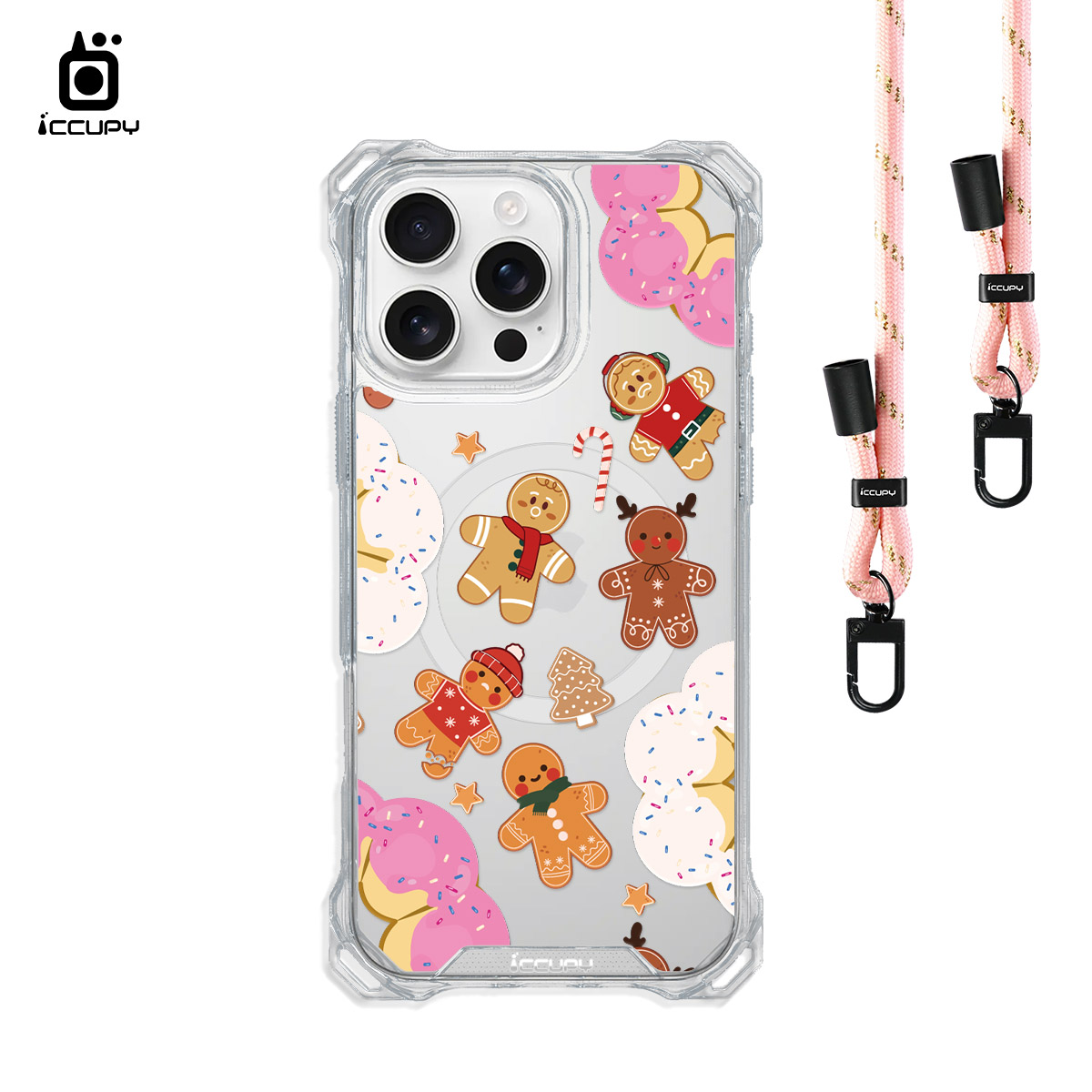 【薑餅人愛甜甜圈】iQ CASE角粒殼3.0背帶掛繩防摔殼 For iPhone 16 Pro Max-黑占iCCUPY