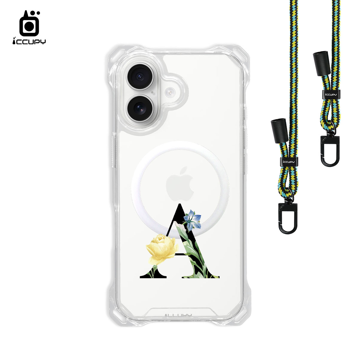 【花漾字母A | 黑字】iQ CASE 角粒殼3.0背帶掛繩防摔殼 (支援MagSafe) For iPhone 17-黑占iCCUPY