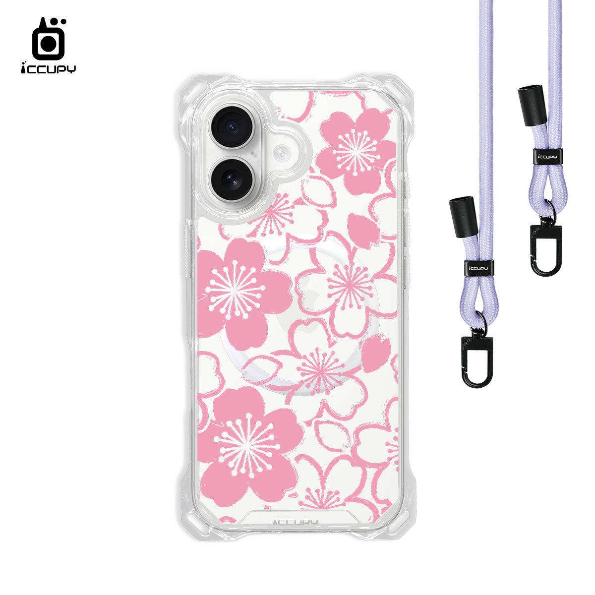 【浪漫花卉|櫻花06】iQ CASE角粒殼3.0背帶掛繩防摔殼 (支援MagSafe) For iPhone 17-黑占iCCUPY