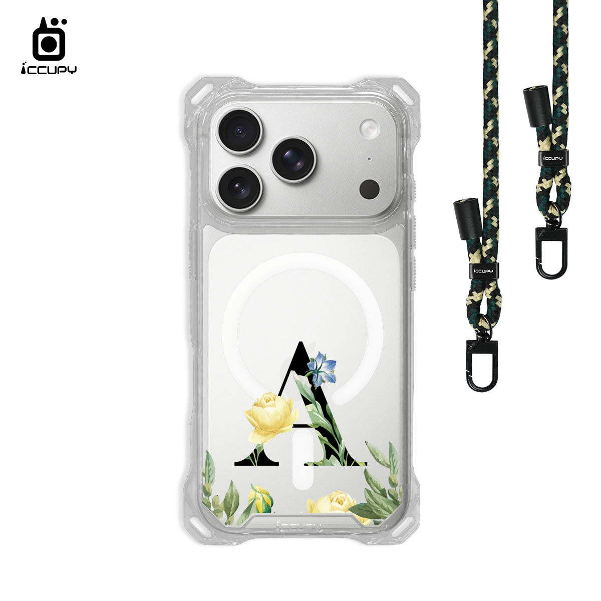 【花漾字母A | 花景+黑字】iQ CASE 角粒殼3.0背帶掛繩防摔殼 (支援MagSafe) For iPhone 17 Pro-黑占iCCUPY