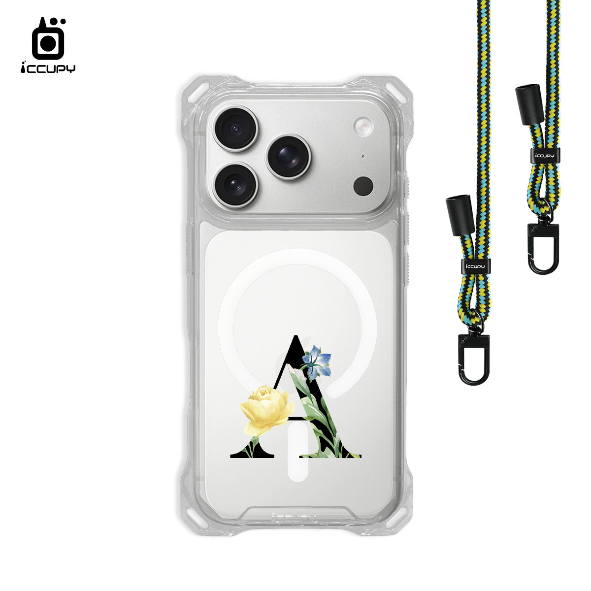 【花漾字母A | 黑字】iQ CASE 角粒殼3.0背帶掛繩防摔殼 (支援MagSafe) For iPhone 17 Pro-黑占iCCUPY