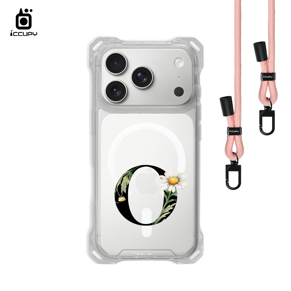 【花漾字母O|黑字】iQ CASE 角粒殼3.0背帶掛繩防摔殼 (支援MagSafe) For iPhone 17 Pro-黑占iCCUPY
