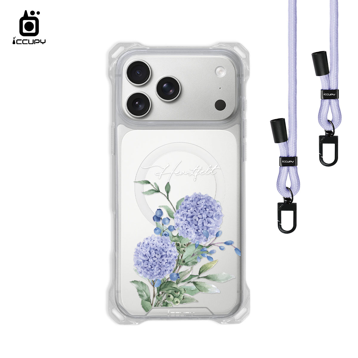 【繡球花1】iQ CASE角粒殼3.0背帶掛繩防摔殼 (支援MagSafe) For iPhone 17 Pro Max-黑占iCCUPY