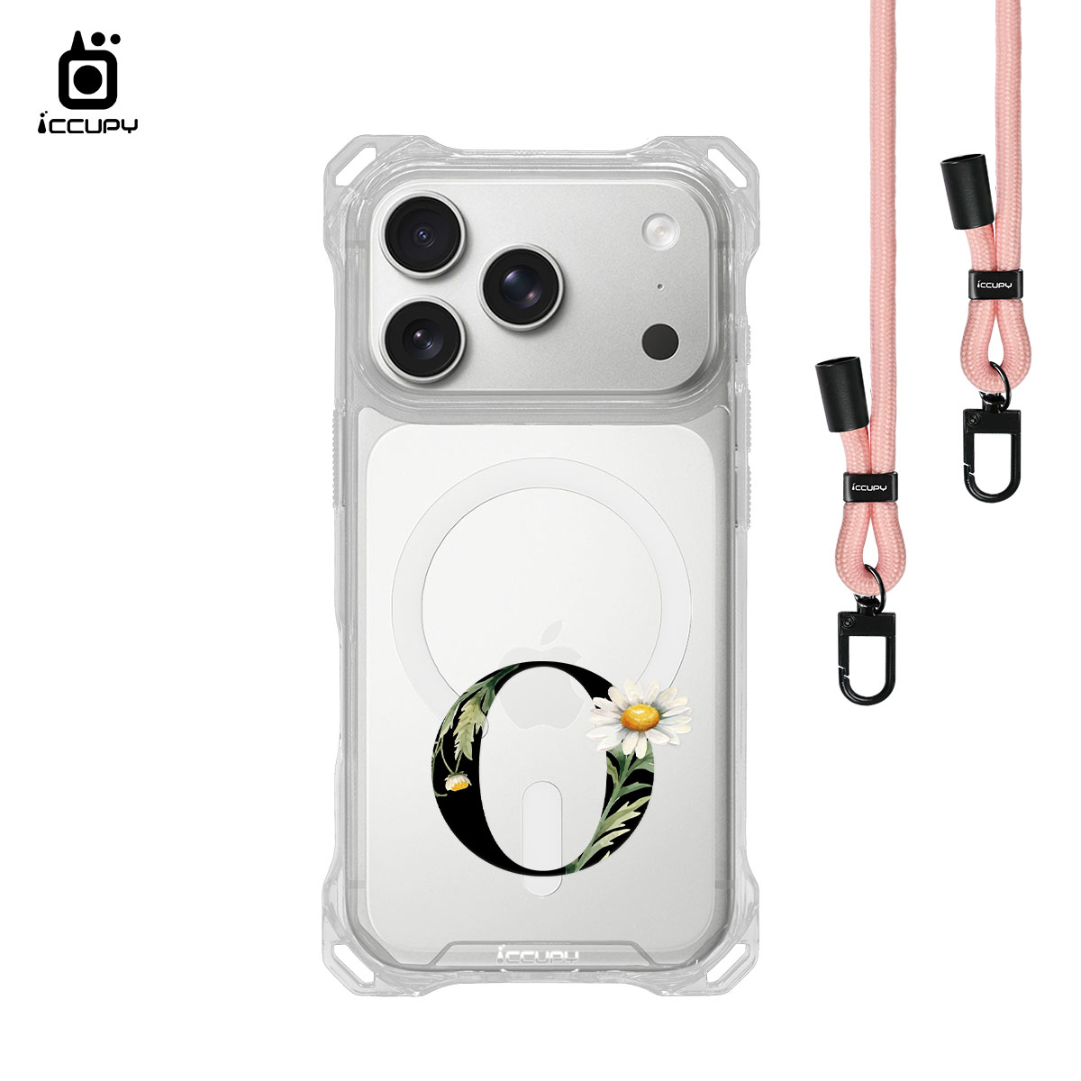 【花漾字母O|黑字】iQ CASE 角粒殼3.0背帶掛繩防摔殼 (支援MagSafe) For iPhone 18 Pro-黑占iCCUPY