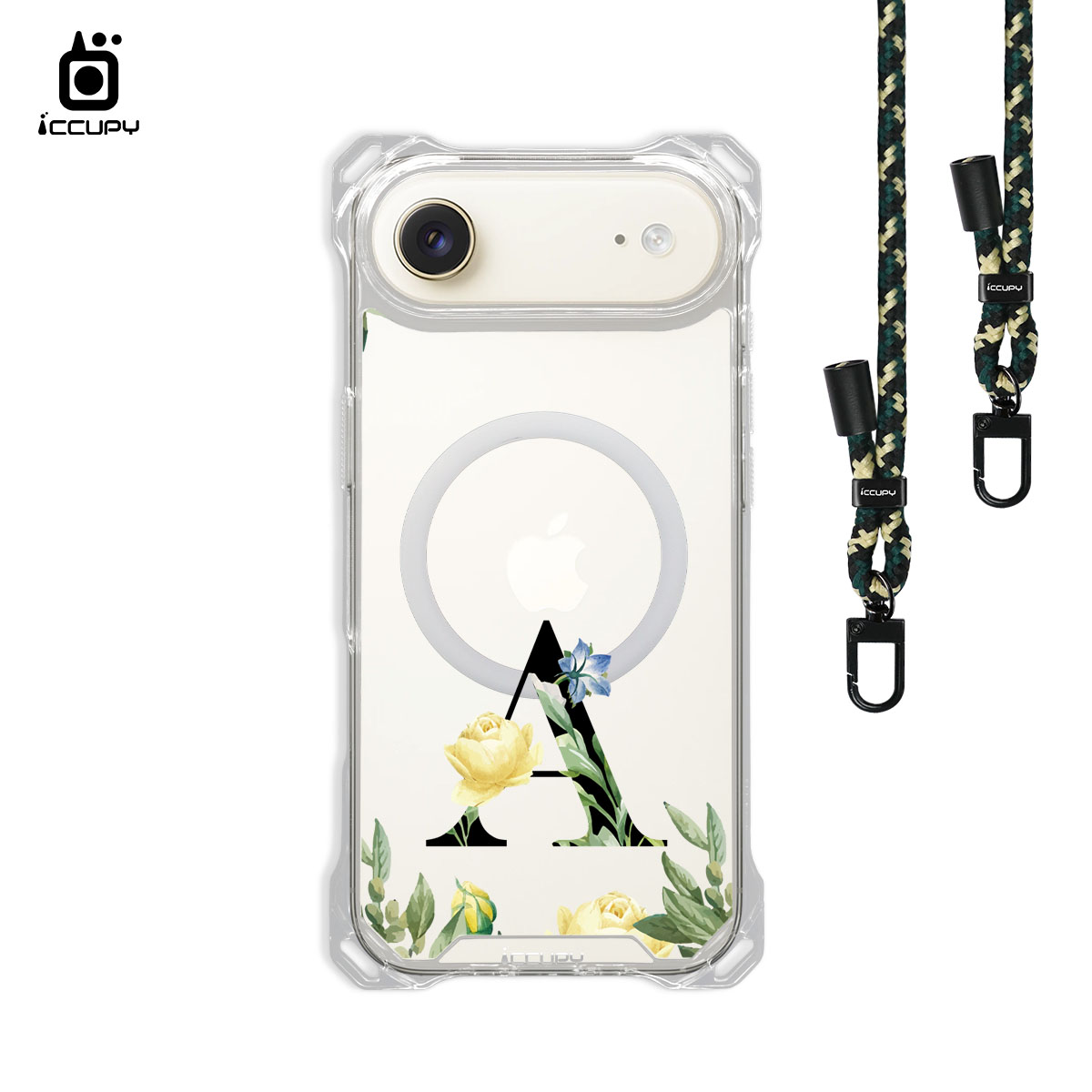 【花漾字母A | 花景+黑字】iQ CASE 角粒殼3.0背帶掛繩防摔殼 (支援MagSafe) For iPhone Air-黑占iCCUPY