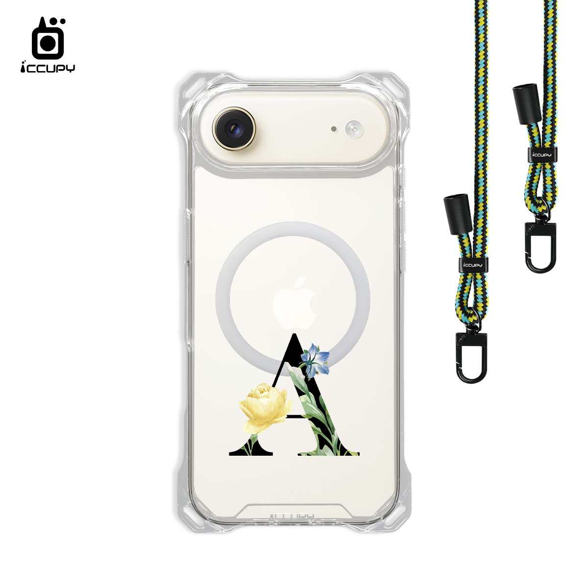 【花漾字母A | 黑字】iQ CASE 角粒殼3.0背帶掛繩防摔殼 (支援MagSafe) For iPhone Air-黑占iCCUPY