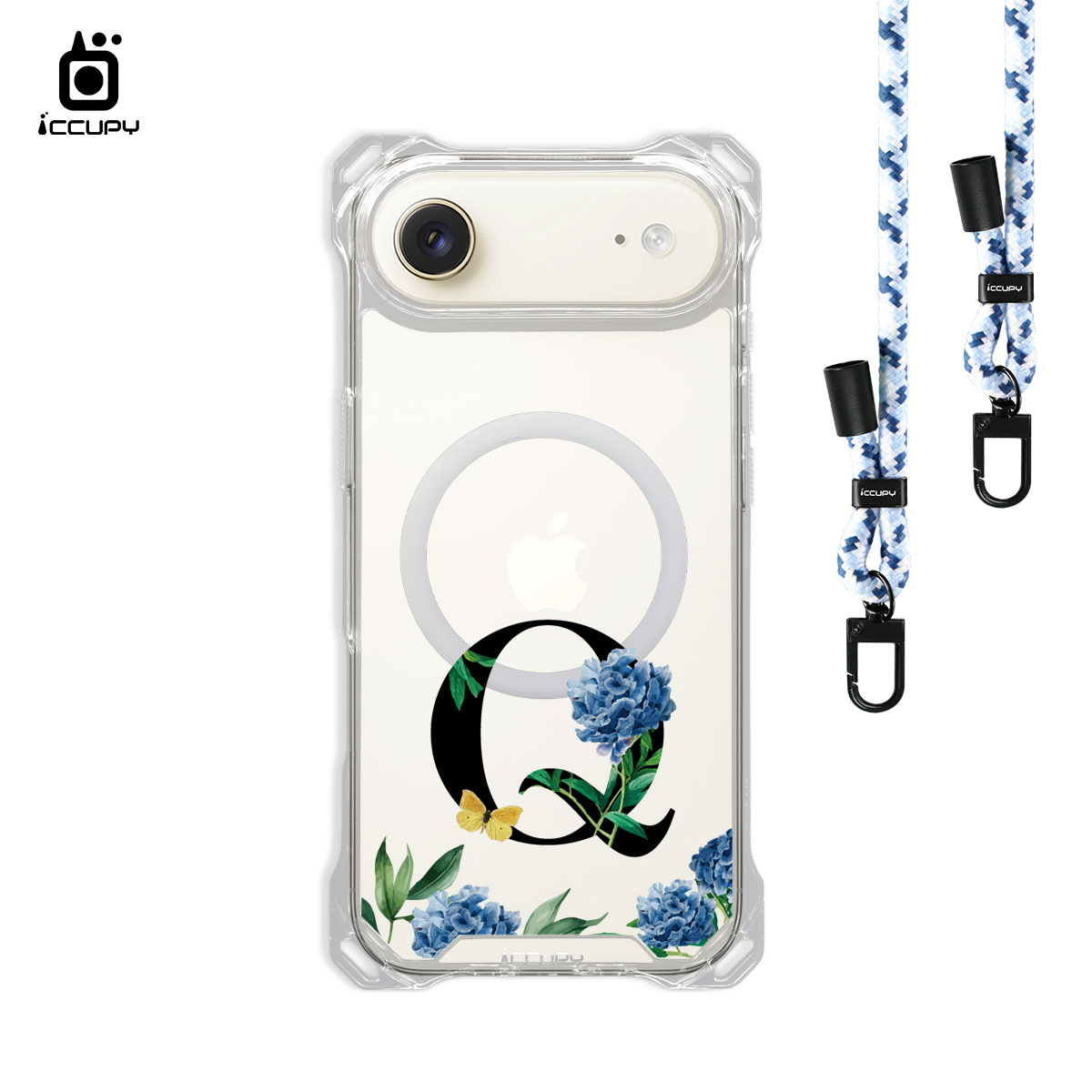 【花漾字母Q|花景+黑字】iQ CASE 角粒殼3.0背帶掛繩防摔殼 (支援MagSafe) For iPhone Air-黑占iCCUPY