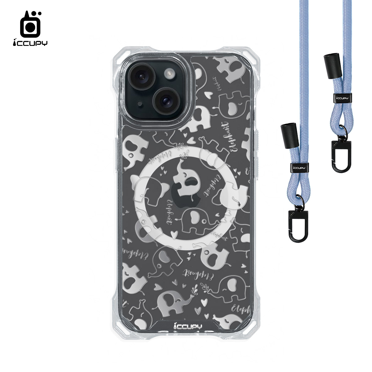 【小肥象A-透明】iQ CASE角粒殼3.0背帶掛繩防摔殼 (支援MagSafe) For iPhone 15-黑占iCCUPY