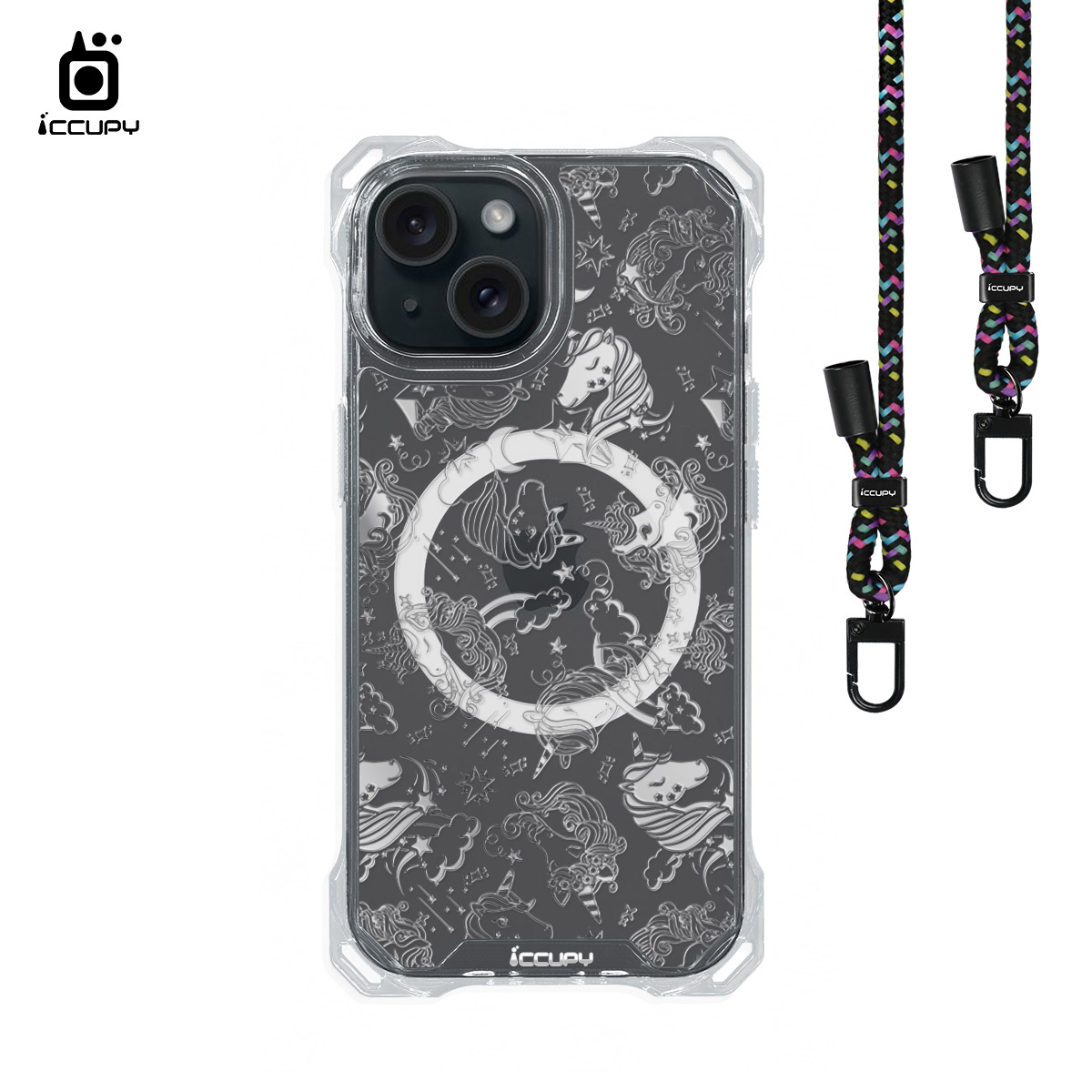 【獨角獸A-透明】iQ CASE角粒殼3.0背帶掛繩防摔殼 (支援MagSafe) For iPhone 15-黑占iCCUPY