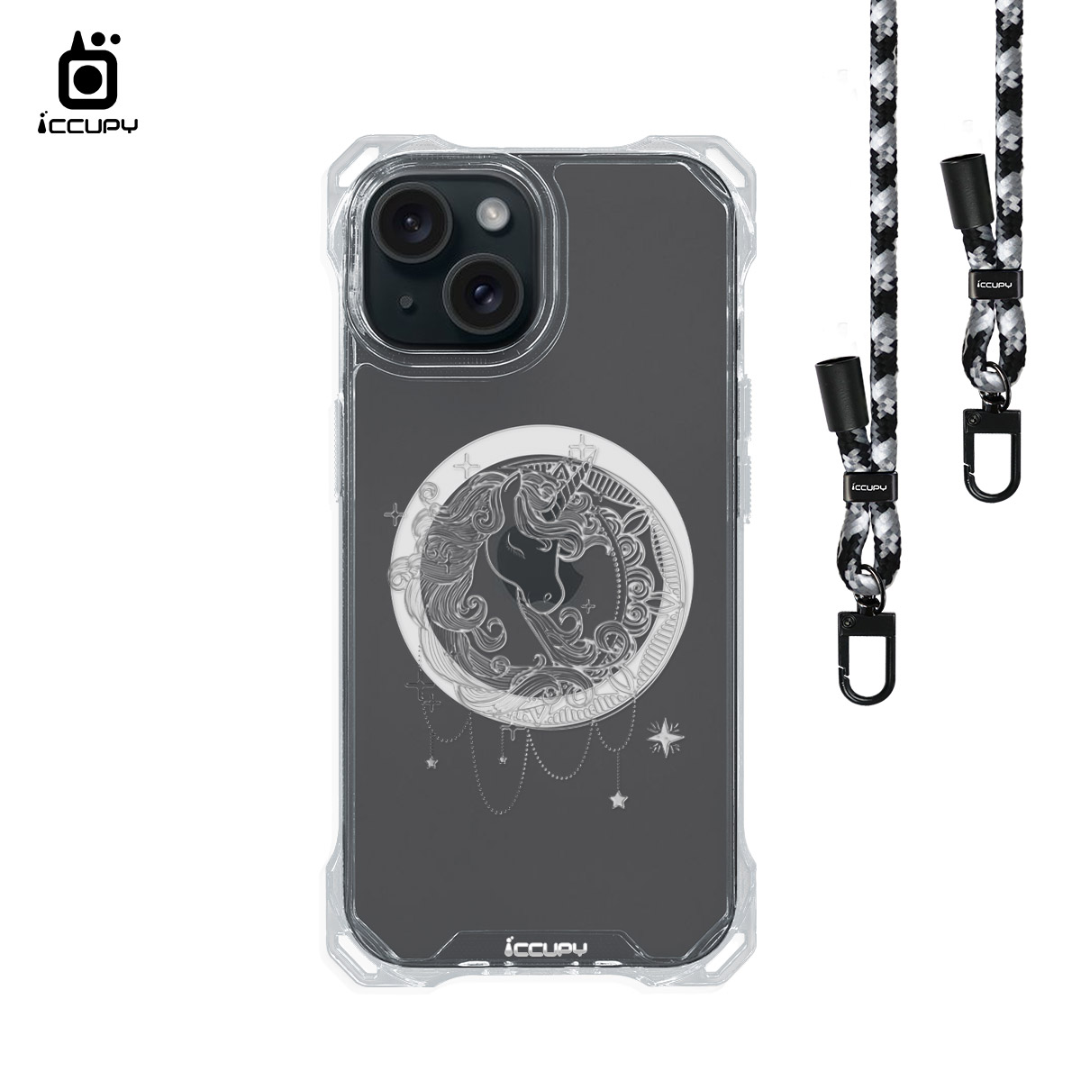 【獨角獸C-透明】iQ CASE角粒殼3.0背帶掛繩防摔殼 (支援MagSafe) For iPhone 15-黑占iCCUPY