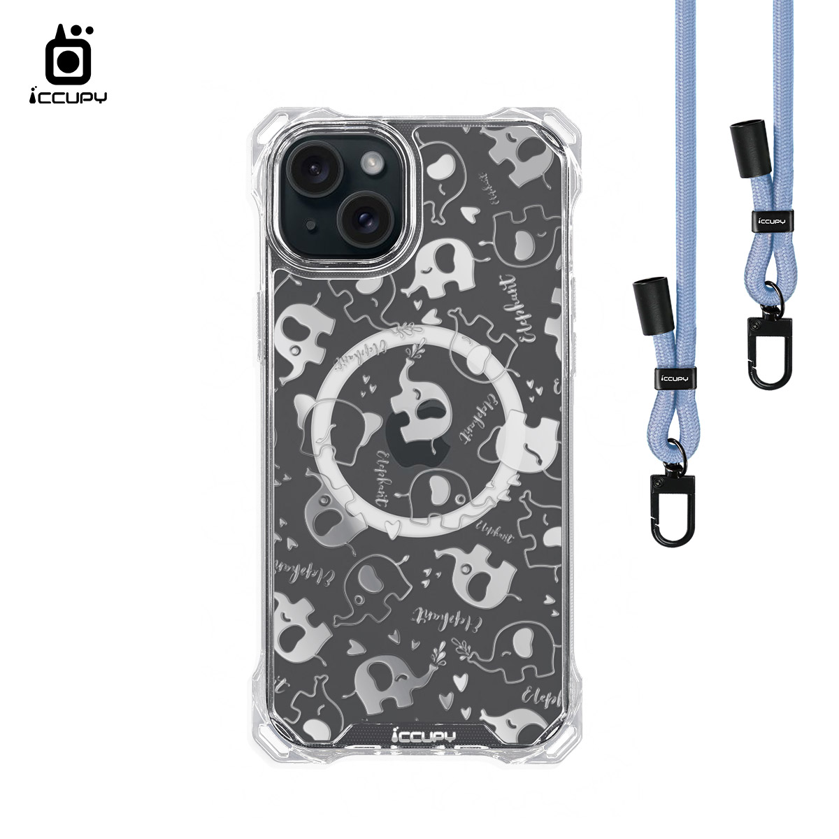 【小肥象A-透明】iQ CASE角粒殼3.0背帶掛繩防摔殼 (支援MagSafe) For iPhone 15 Plus-黑占iCCUPY