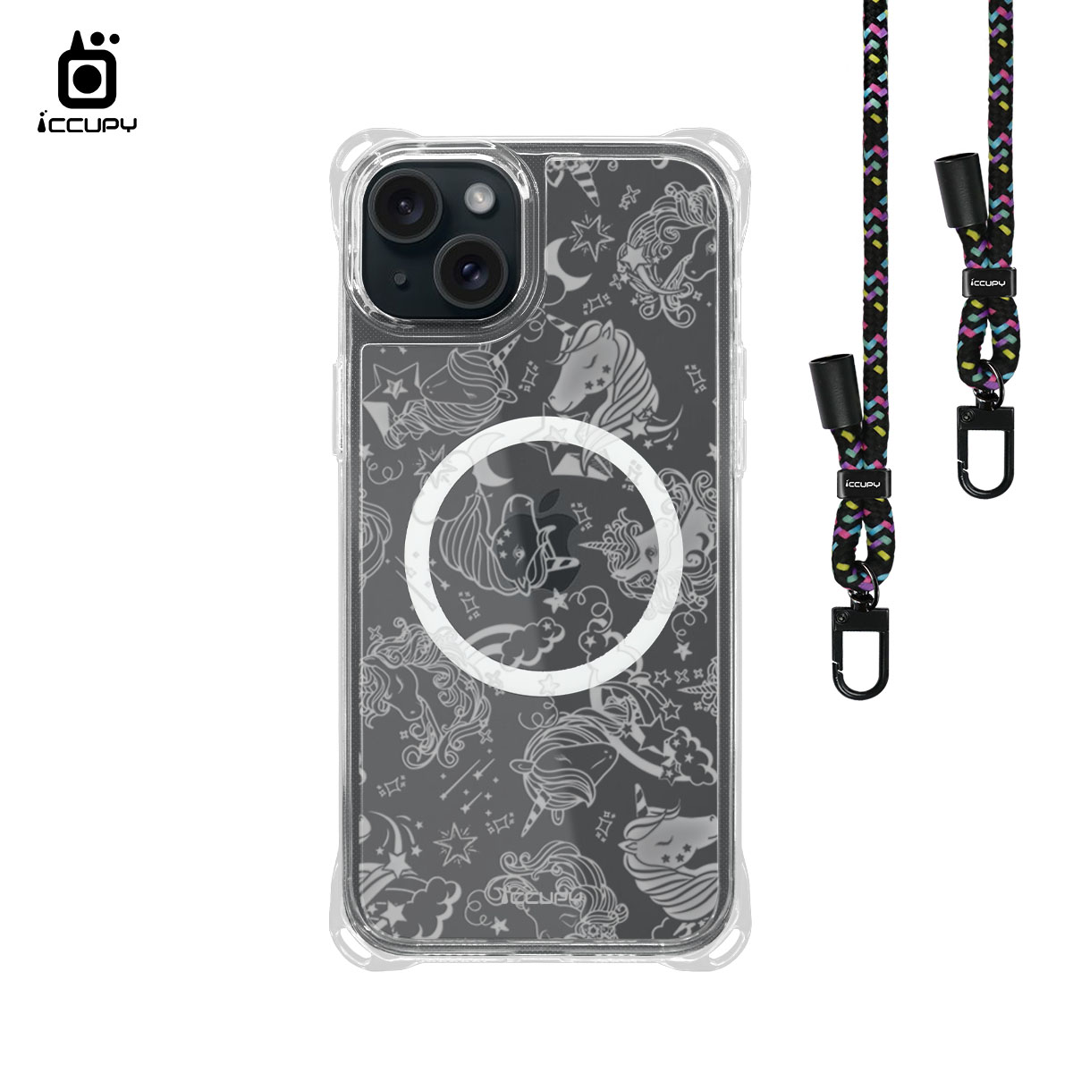 【獨角獸A-透明】iQ CASE角粒殼3.0背帶掛繩防摔殼 (支援MagSafe) For iPhone 15 Plus-黑占iCCUPY